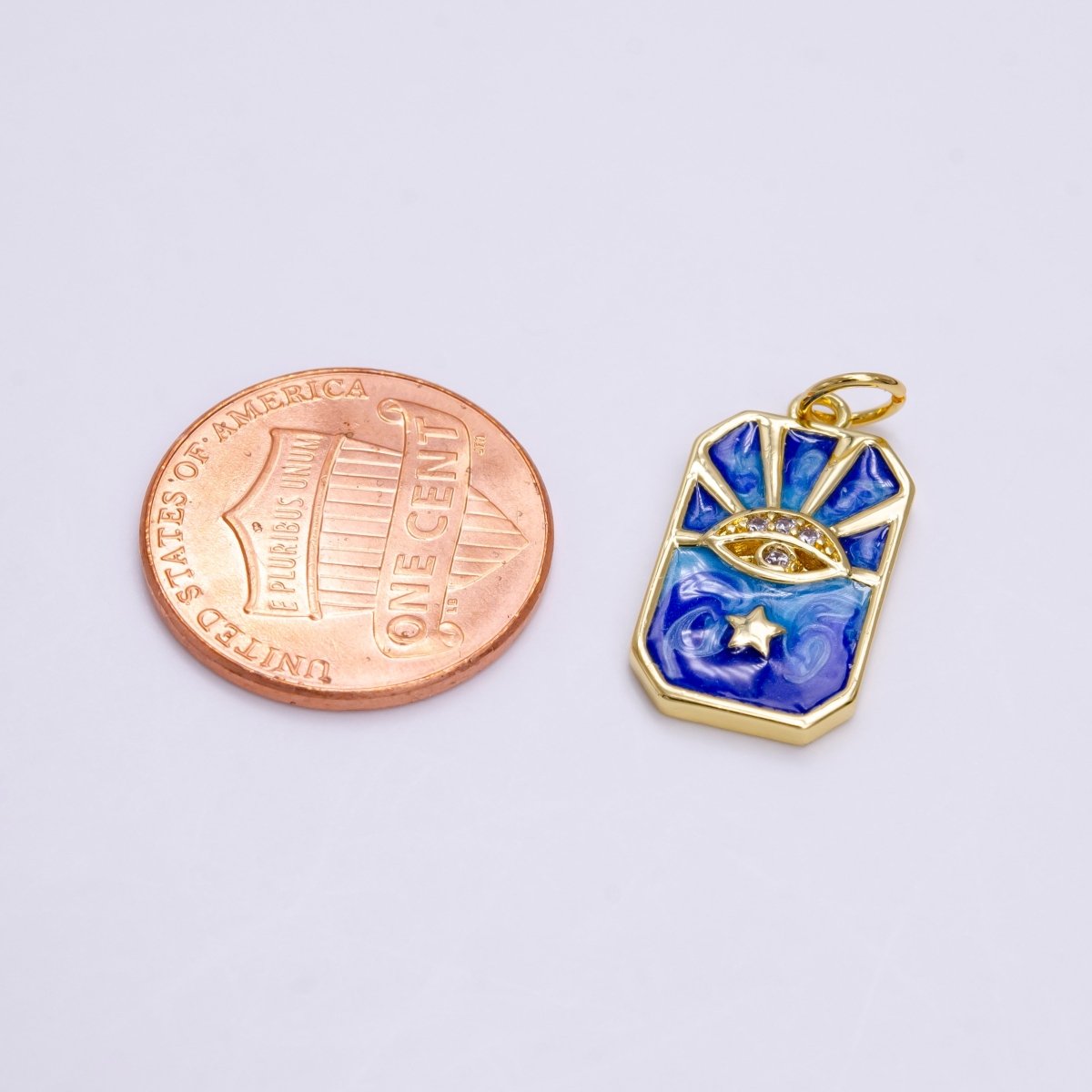 14K Gold Filled Evil Eye Star Bar Ray Blue Swirl Enamel Tag Charm | AC1456