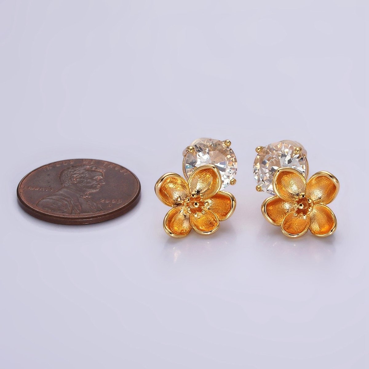14K Gold Filled Flower Drop Clear CZ Round Stud Earrings Set | AE970