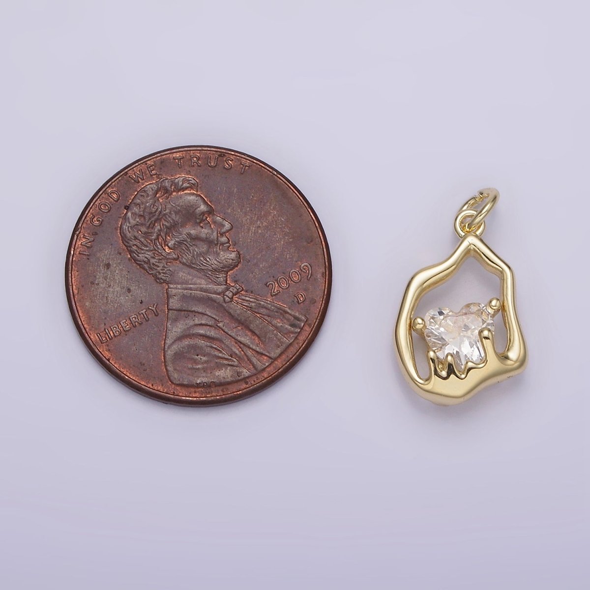 14K Gold Filled Frame Clear Heart CZ Melt Molten Drip Abstract Oval Charm | AG-222