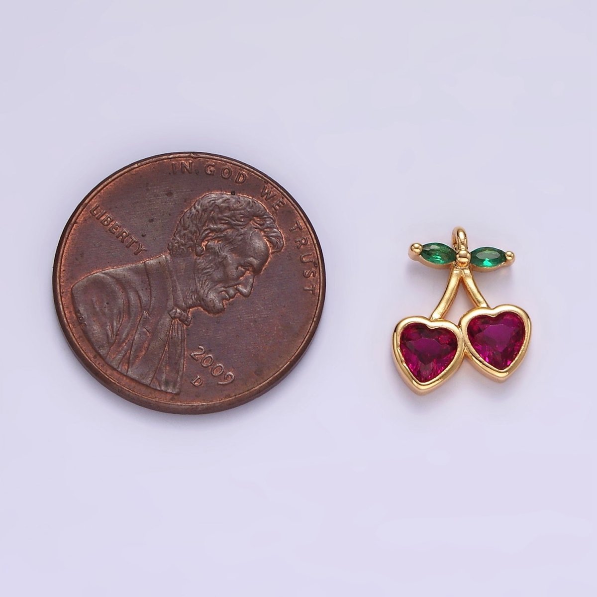 14K Gold Filled Fuchsia CZ Heart Cherry Fruit Mini Add-On Charm | AC820