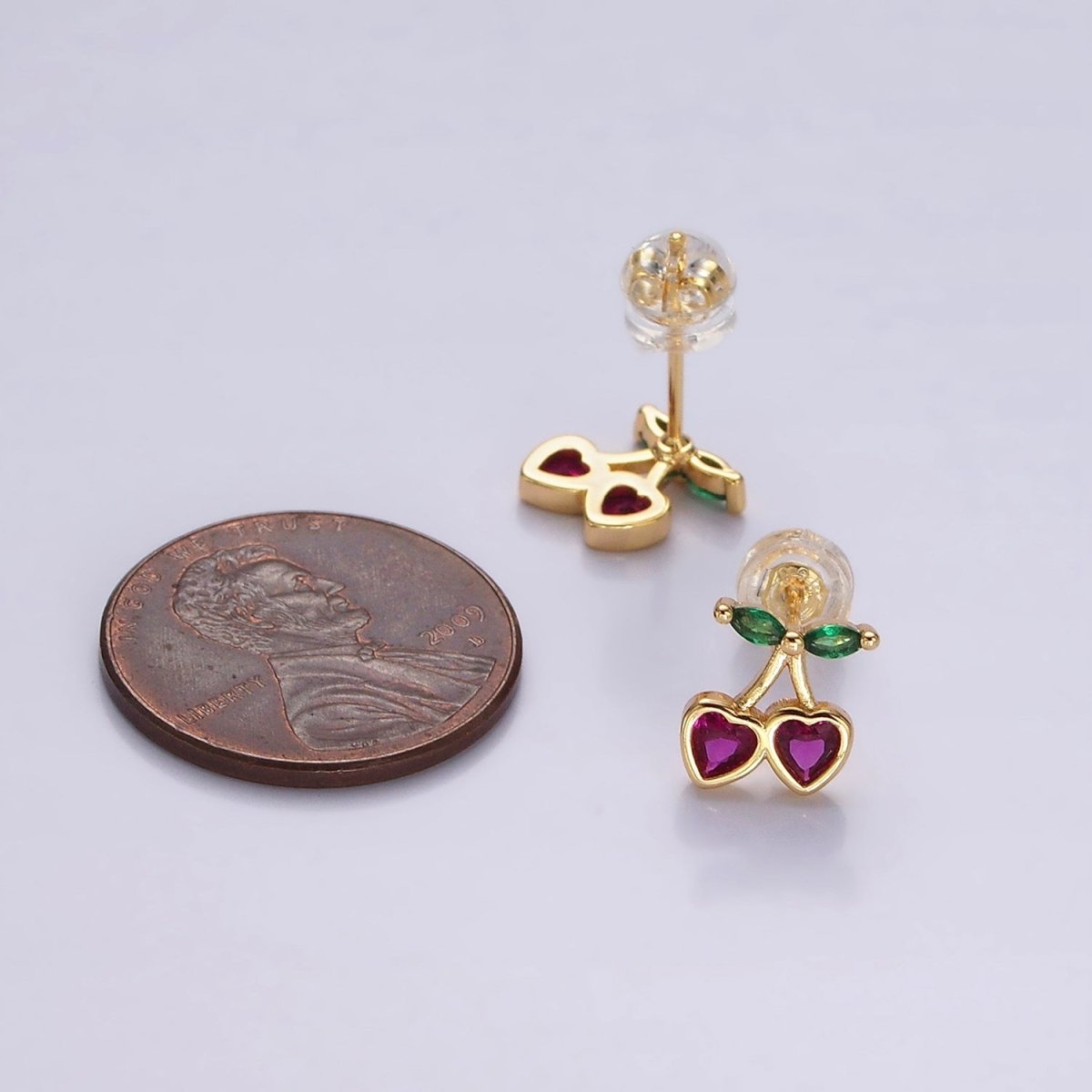 14K Gold Filled Fuchsia CZ Heart Cherry Fruit Stud Earrings | AE971
