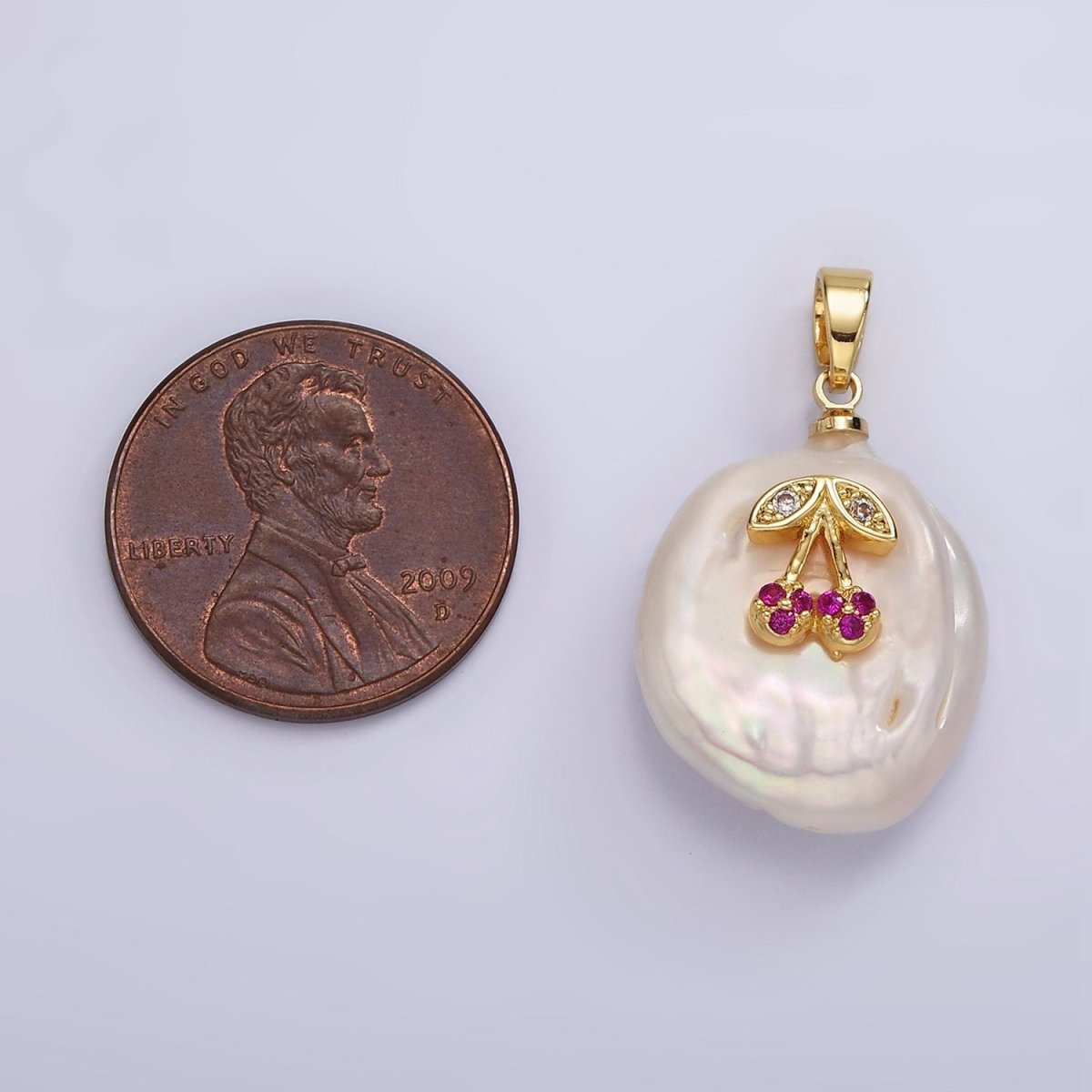 14K Gold Filled Fuchsia Micro Paved CZ Cherry Freshwater Pearl Pendant | P-1668