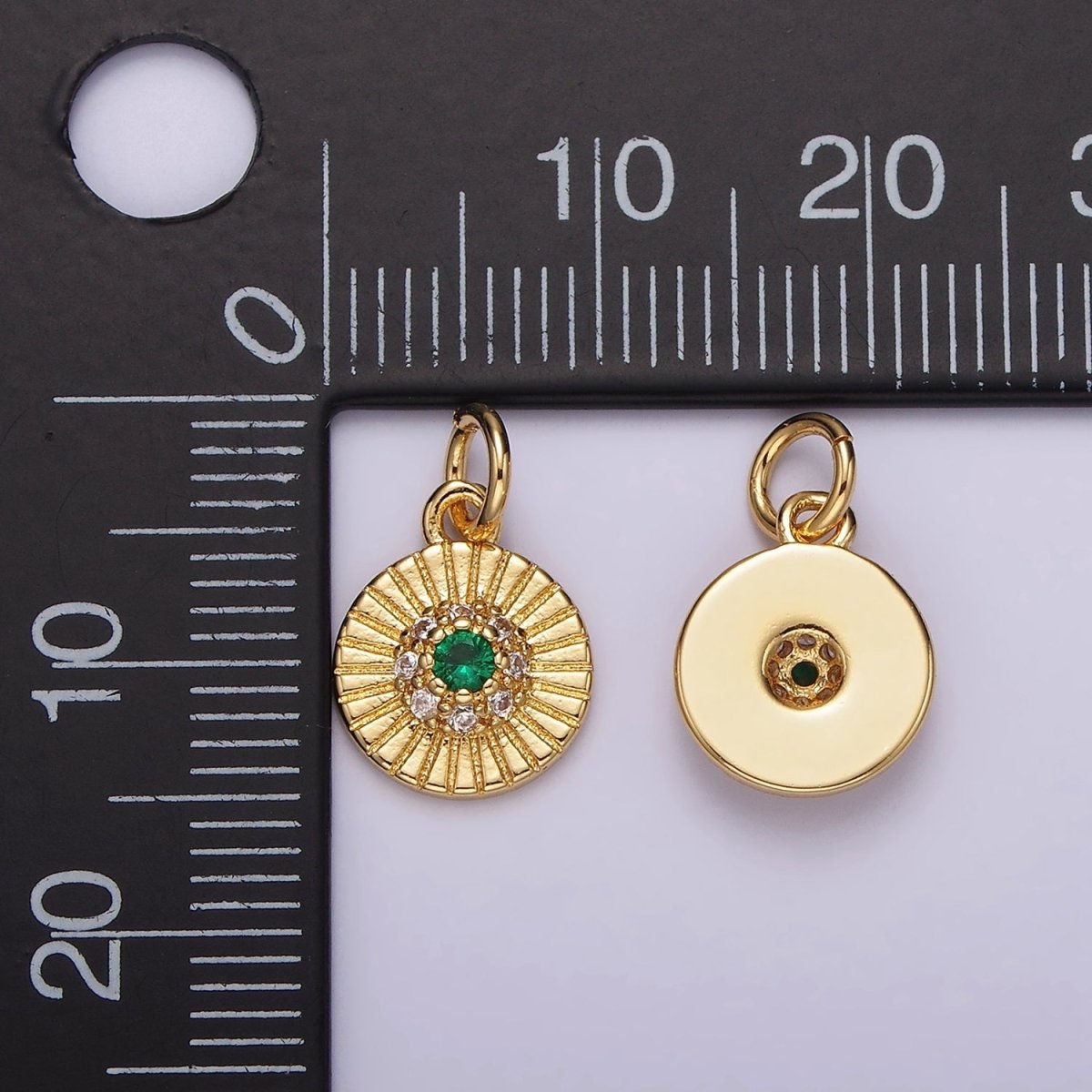 14K Gold Filled Green CZ Micro Paved Line-Textured Mini Round Charm | N994