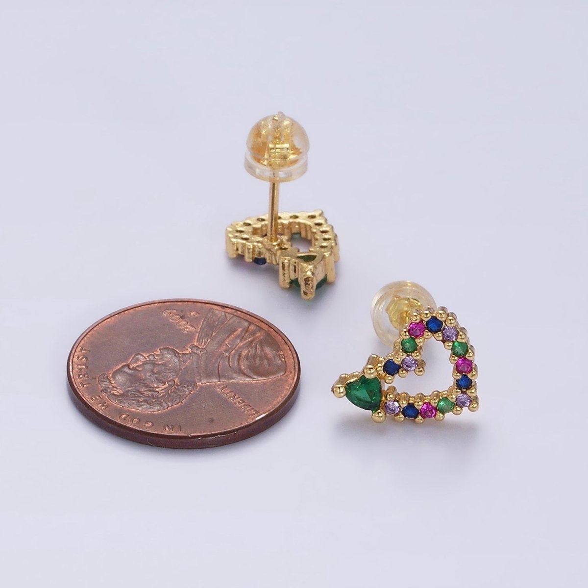 14K Gold Filled Green Heart Multicolor CZ Open Lined Stud Earrings in Gold & Silver | AD-442 AD-443
