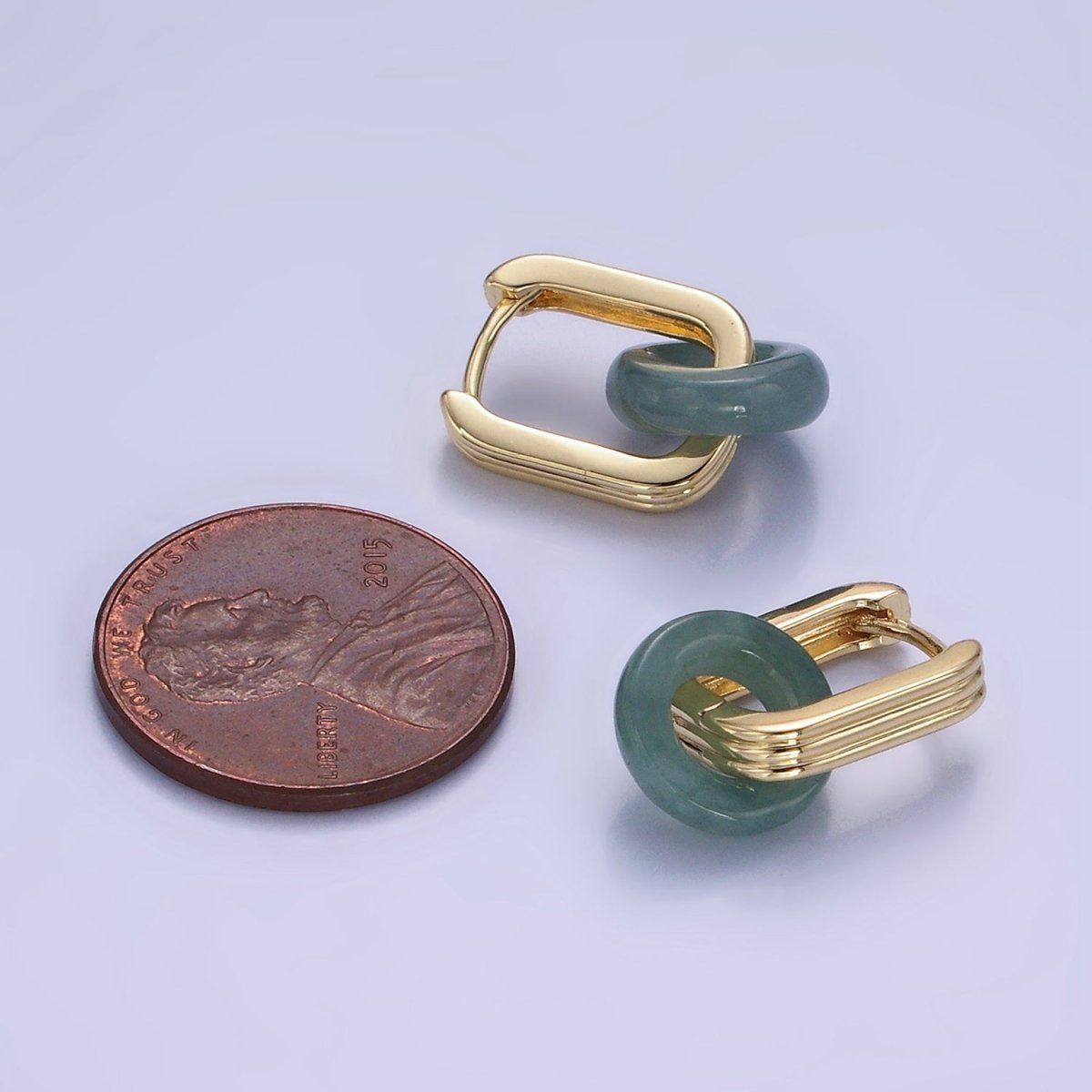 14K Gold Filled Green Jade Donut Drop Triple Lined Oblong Hoop Earrings | V503