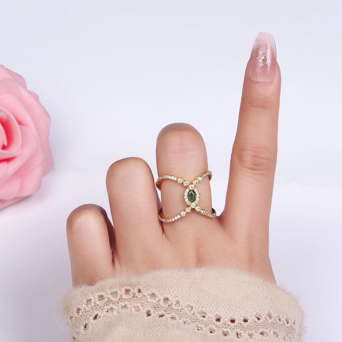 14K Gold Filled Green Marquise CZ Micro Paved Double Band Ring | O1319
