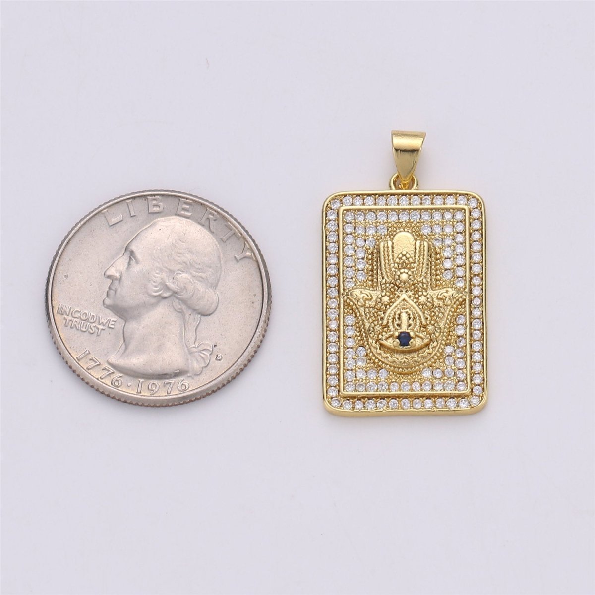 14k Gold Filled Hamsa Hand Charm with Micro Pave square tag CZ pendant for Protection Amulet Necklace Component I-615