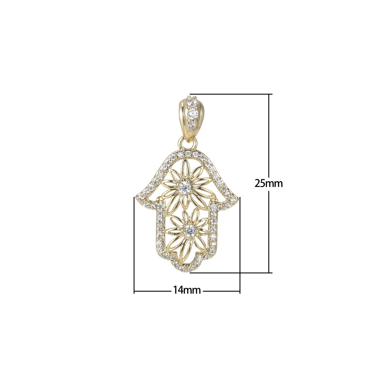 14k Gold Filled Hamsa Hand Pendant- Flower Floral Cubic Hamsa Hand Charm I-114