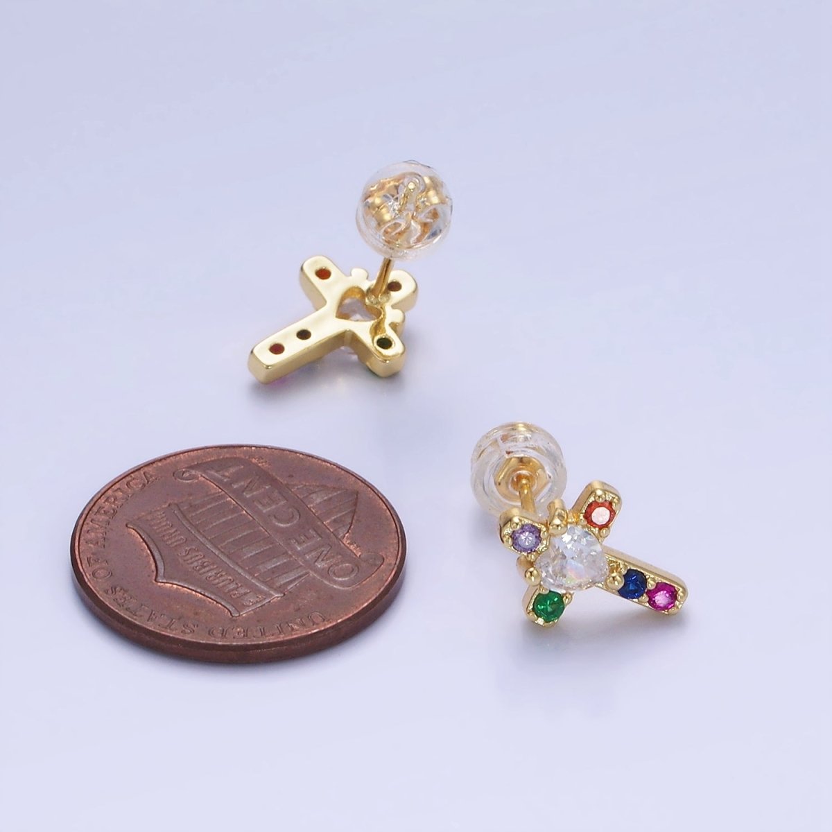 14K Gold Filled Religious Cross Multicolor CZ Stud Earrings in Gold & Silver | AB1311 AB1312