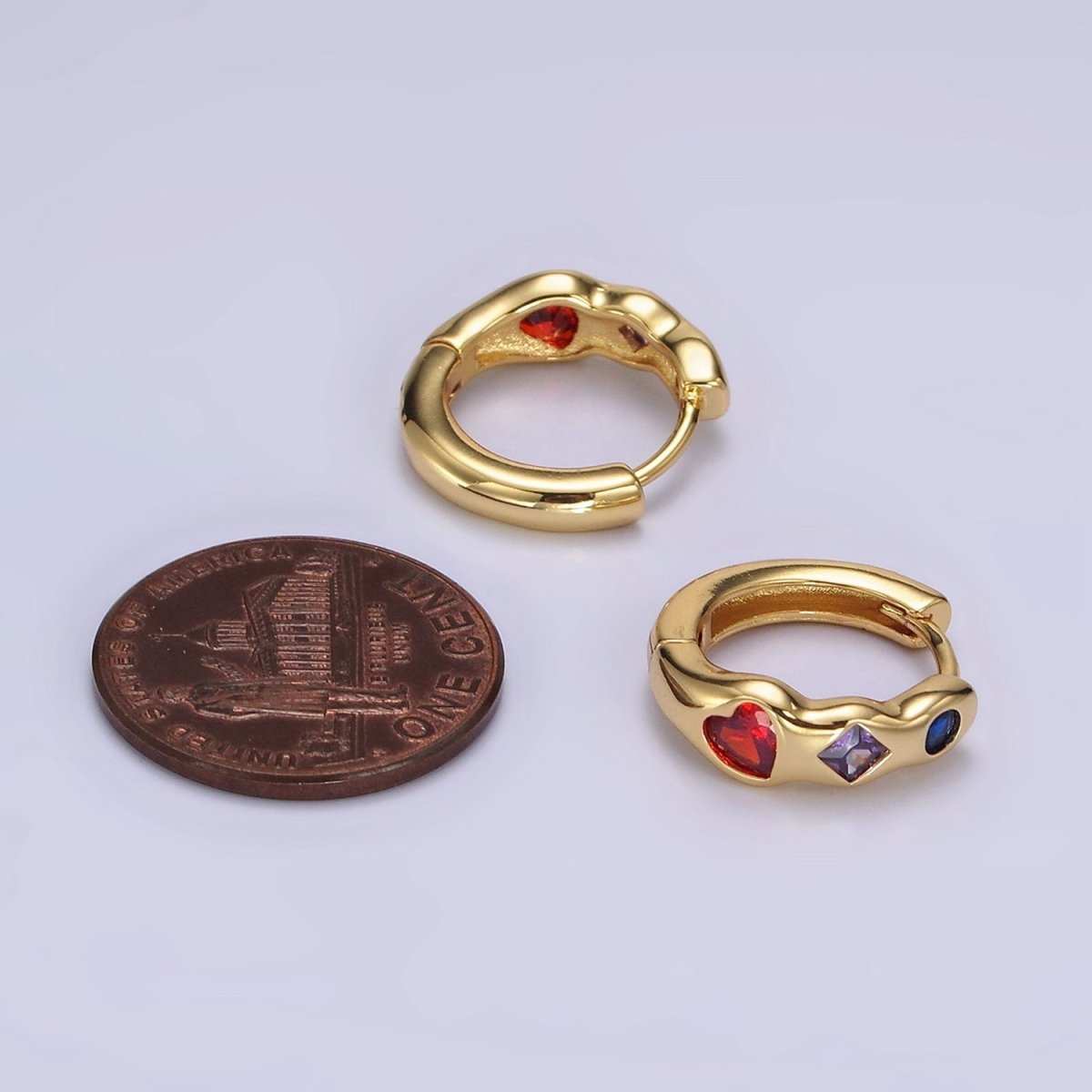 14K Gold Filled Heart Rhombus Round Multicolor CZ Wavy 15mm Huggie Earrings | AE113