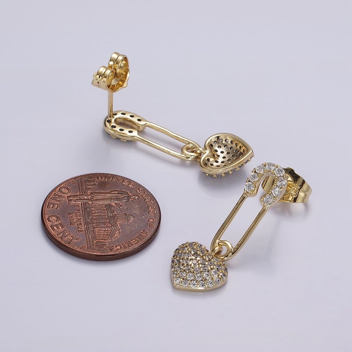14K Gold Filled Heart Safety Pin Micro Paved CZ Drop Stud Earrings | AE409