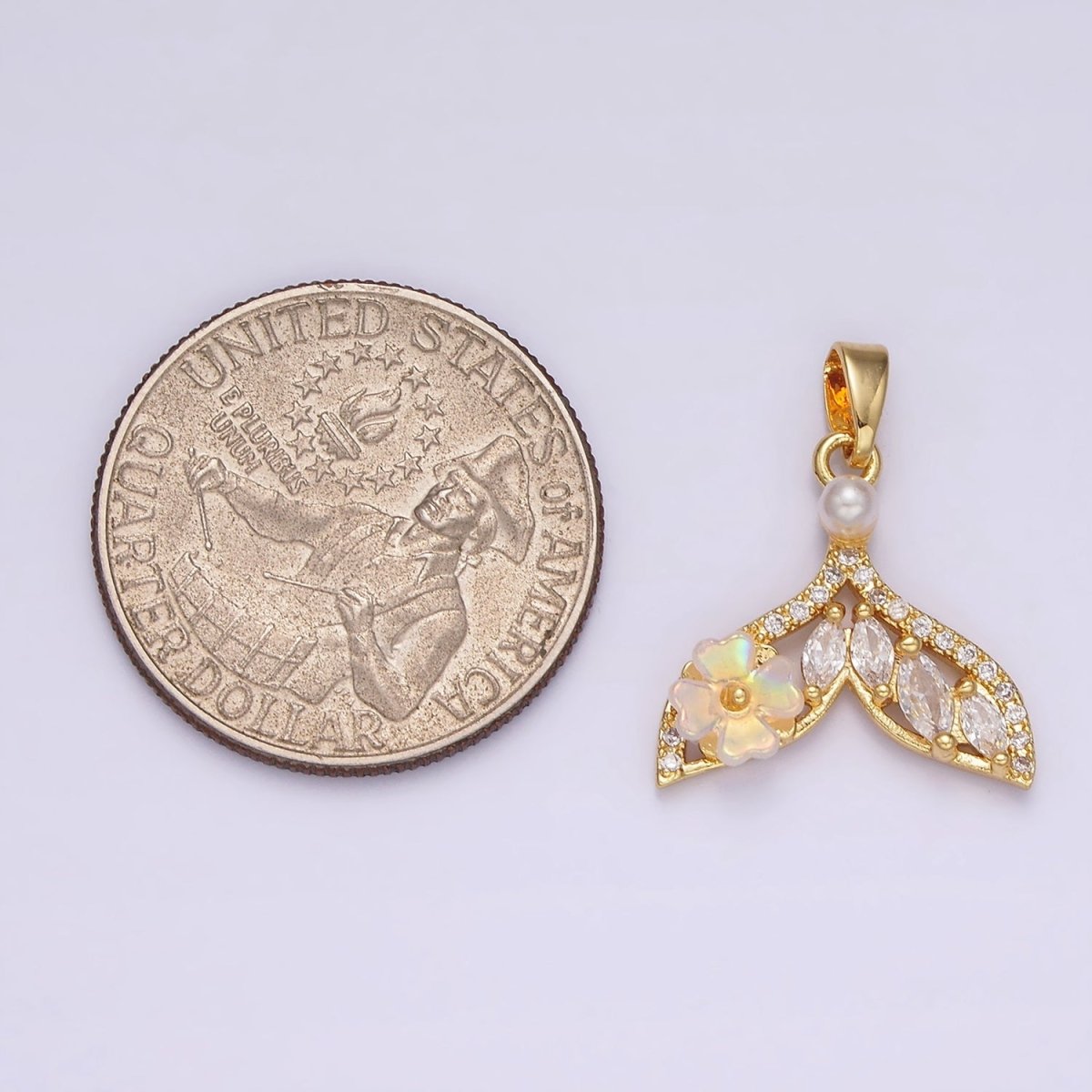 14K Gold Filled Iridescent Flower Marquise Micro Paved CZ Whale Tail Pearl Mermaid Tail Charm Pendant | N-1823