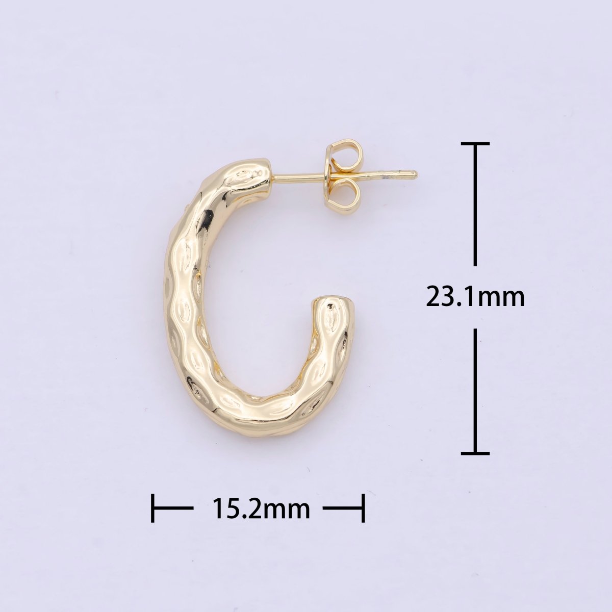 14K Gold Filled J Shaped Hammered Rustic Stud Hoops Earrings K-203