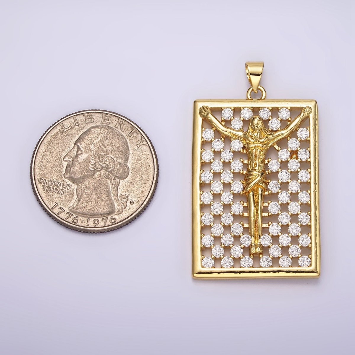 14K Gold Filled Jesus Crucifix Religious Open Clear CZ Checkered Rectangular Tag Charm | N1943