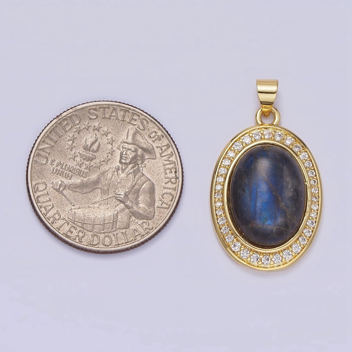 14K Gold Filled Labradorite Cabochon Clear Micro Paved CZ Oval Pendant | AA681