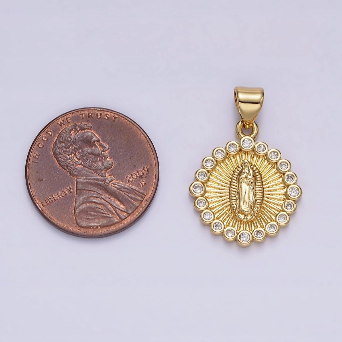 OS 14K Gold Filled Lady Guadalupe Mother Mary Sunburst Round CZ Outline Pendant | AA607