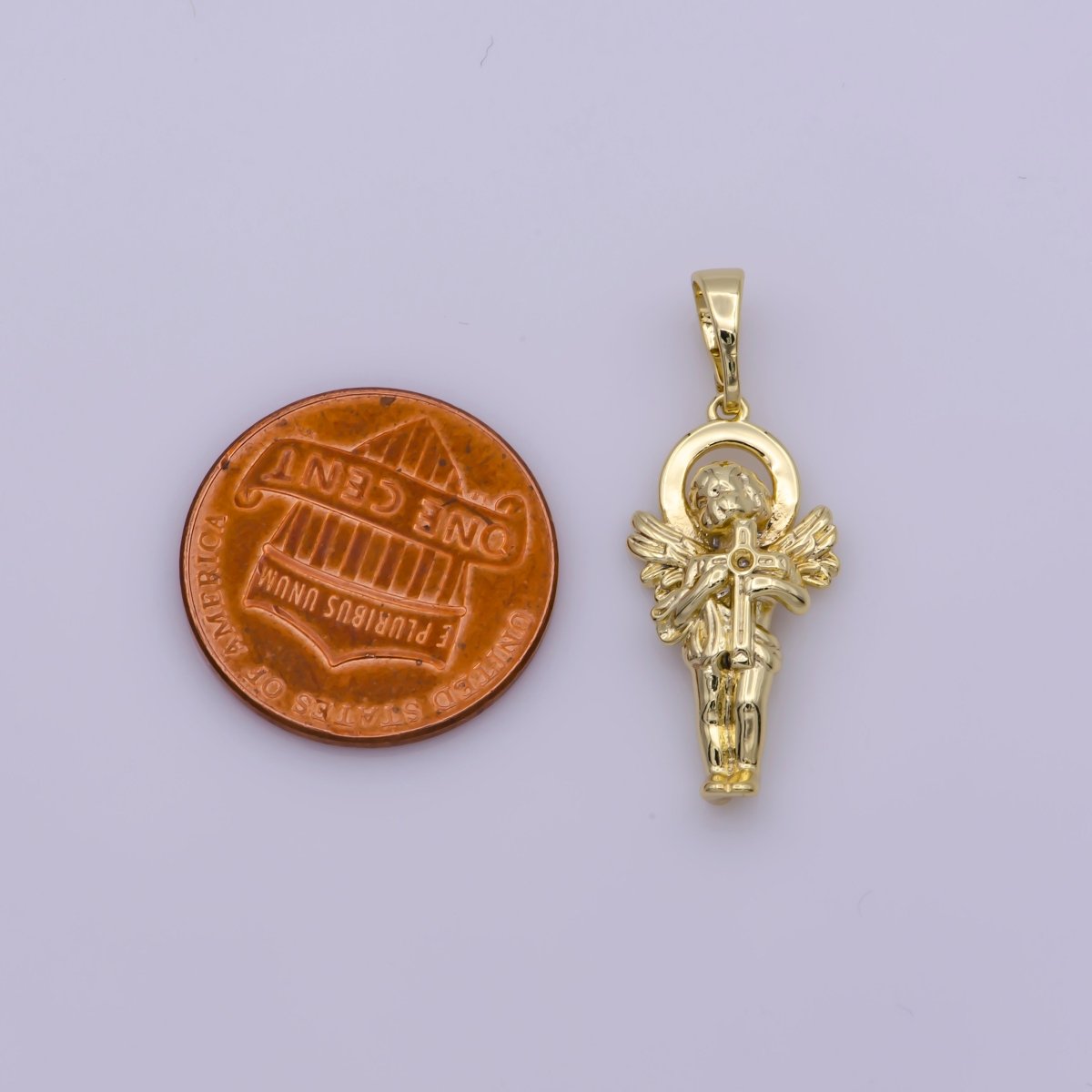 14K Gold Filled Little angel holding a cross Pendants • Cherub Angel Amulet Charm for Christmas Holiday Season Gift Jewelry N-1334