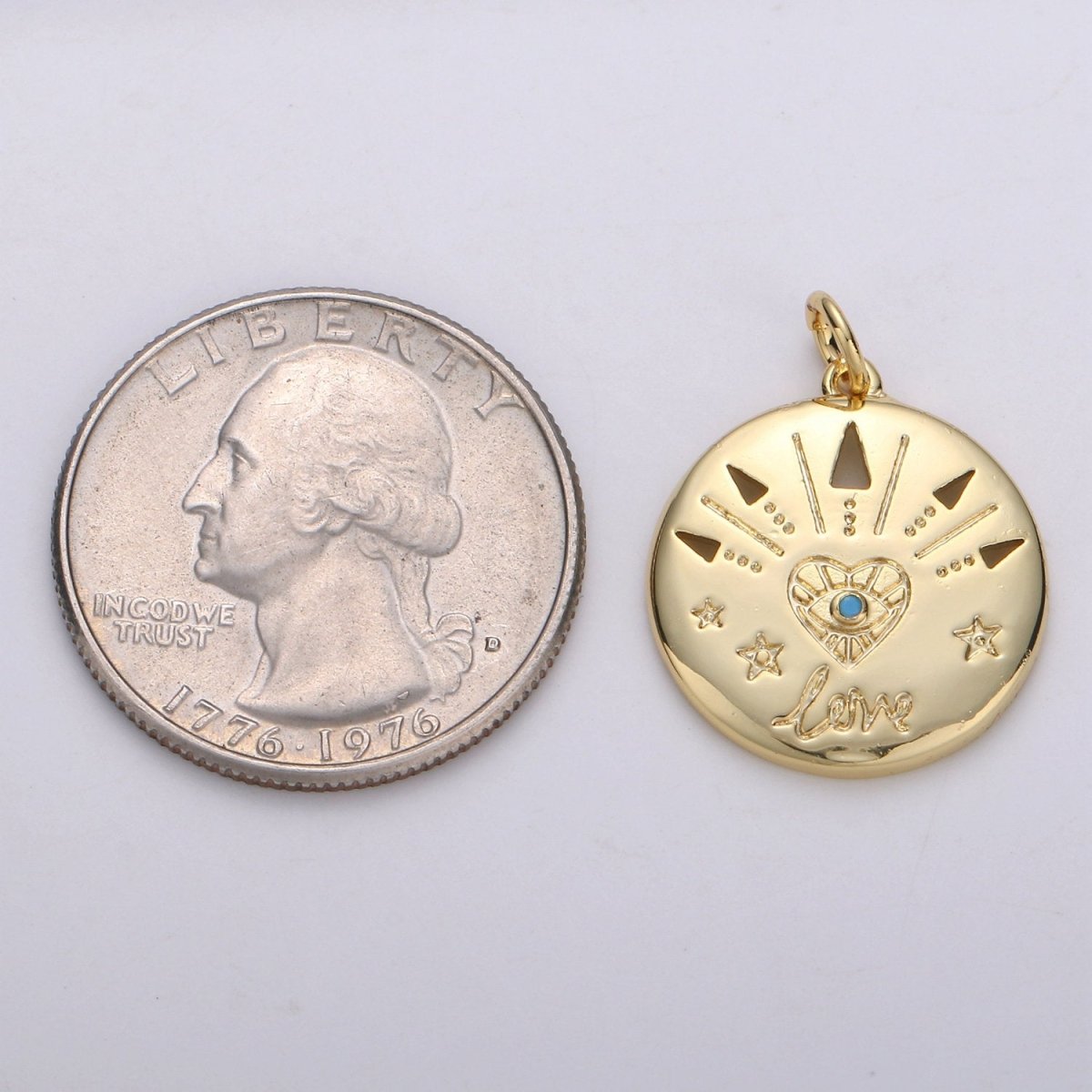 14k Gold FIlled Love Charm - Love medallion - Coin Disc charm - Blue Evil Eye pendant for Necklace Bracelet Earring Charm, D-679