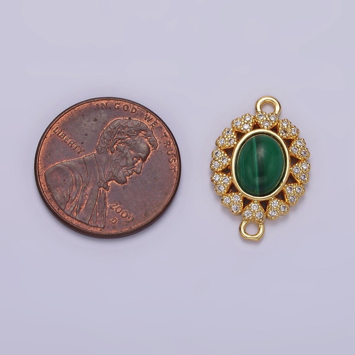 14K Gold Filled Malachite Cabochon Micro Paved CZ Heart Lined Oval Connector G-807