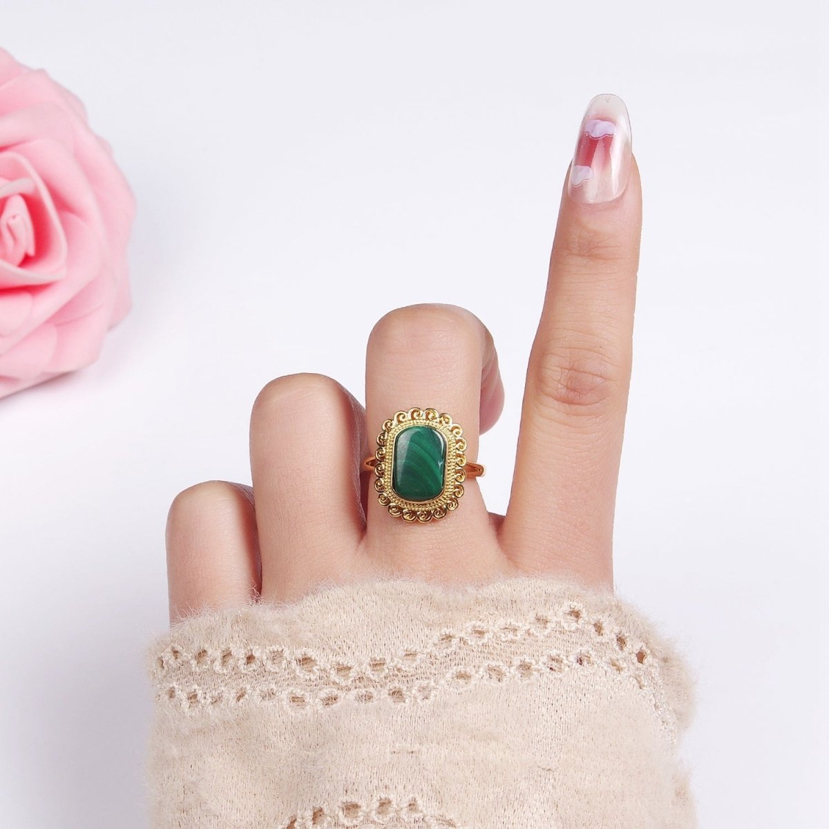 14K Gold Filled Malachite Gemstone Elaborate Artisan Ring | O1352