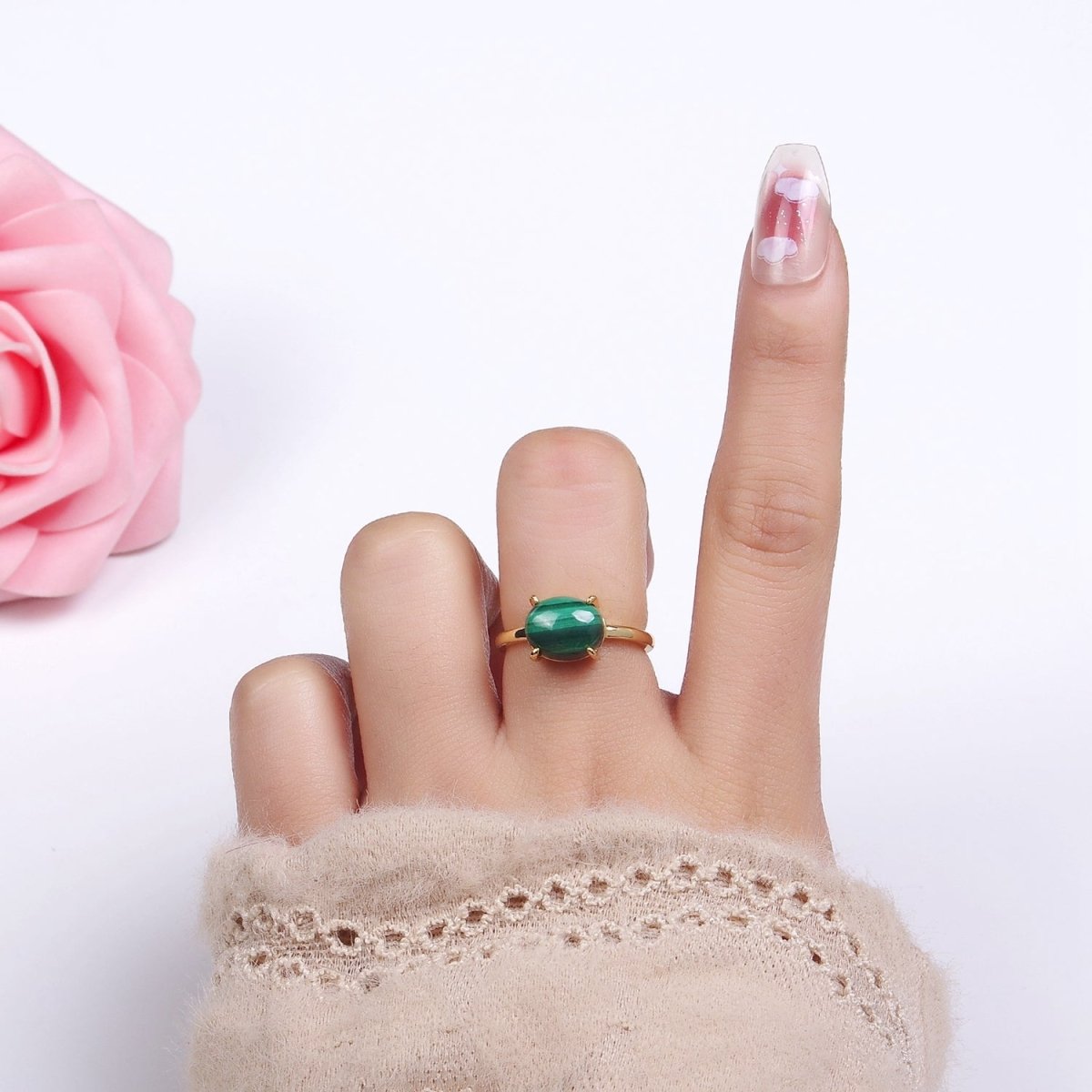14K Gold Filled Malachite Gemstone Oval Solitaire Ring | O1347
