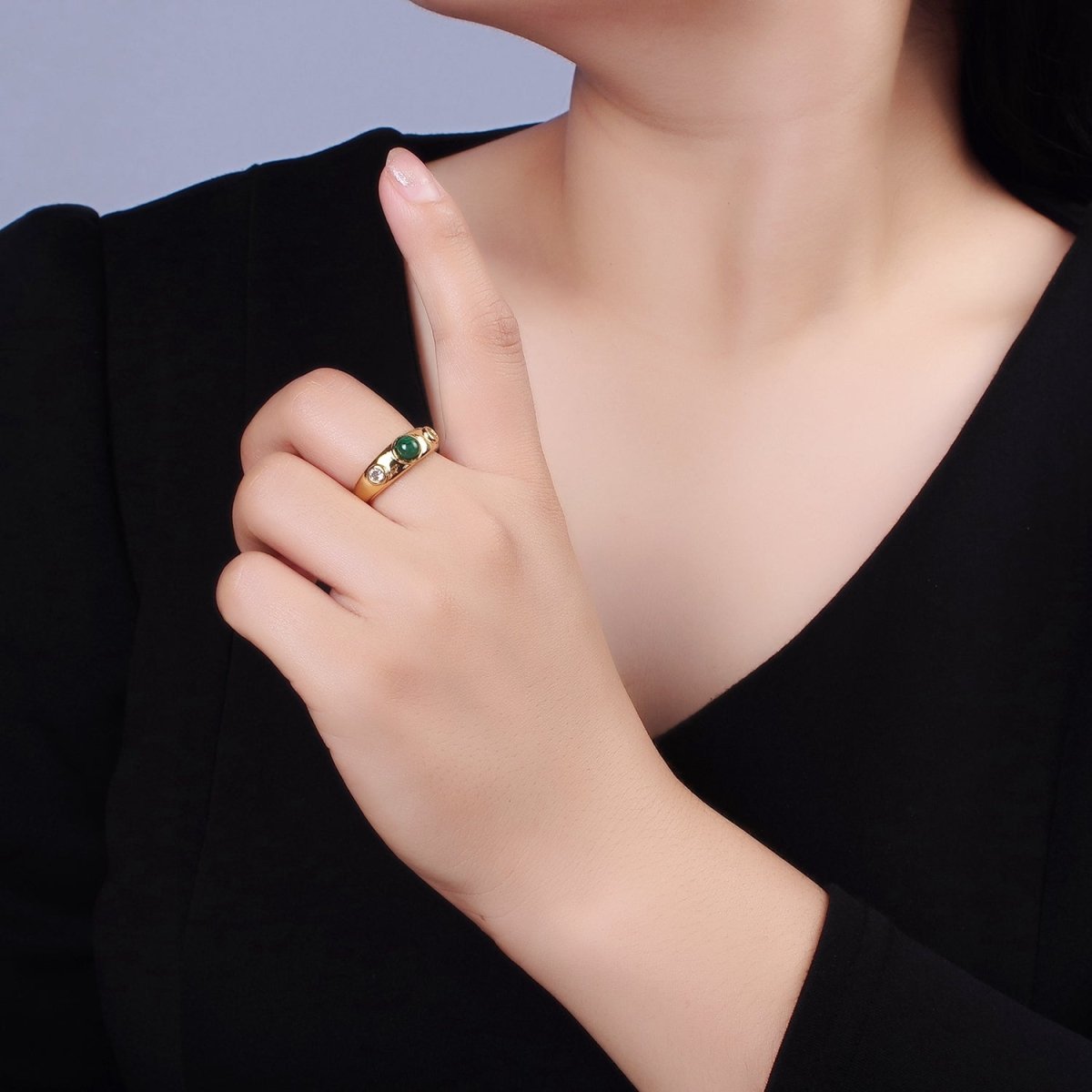 14K Gold Filled Malachite Natural Gemstone Triple Round CZ Ring | O-590