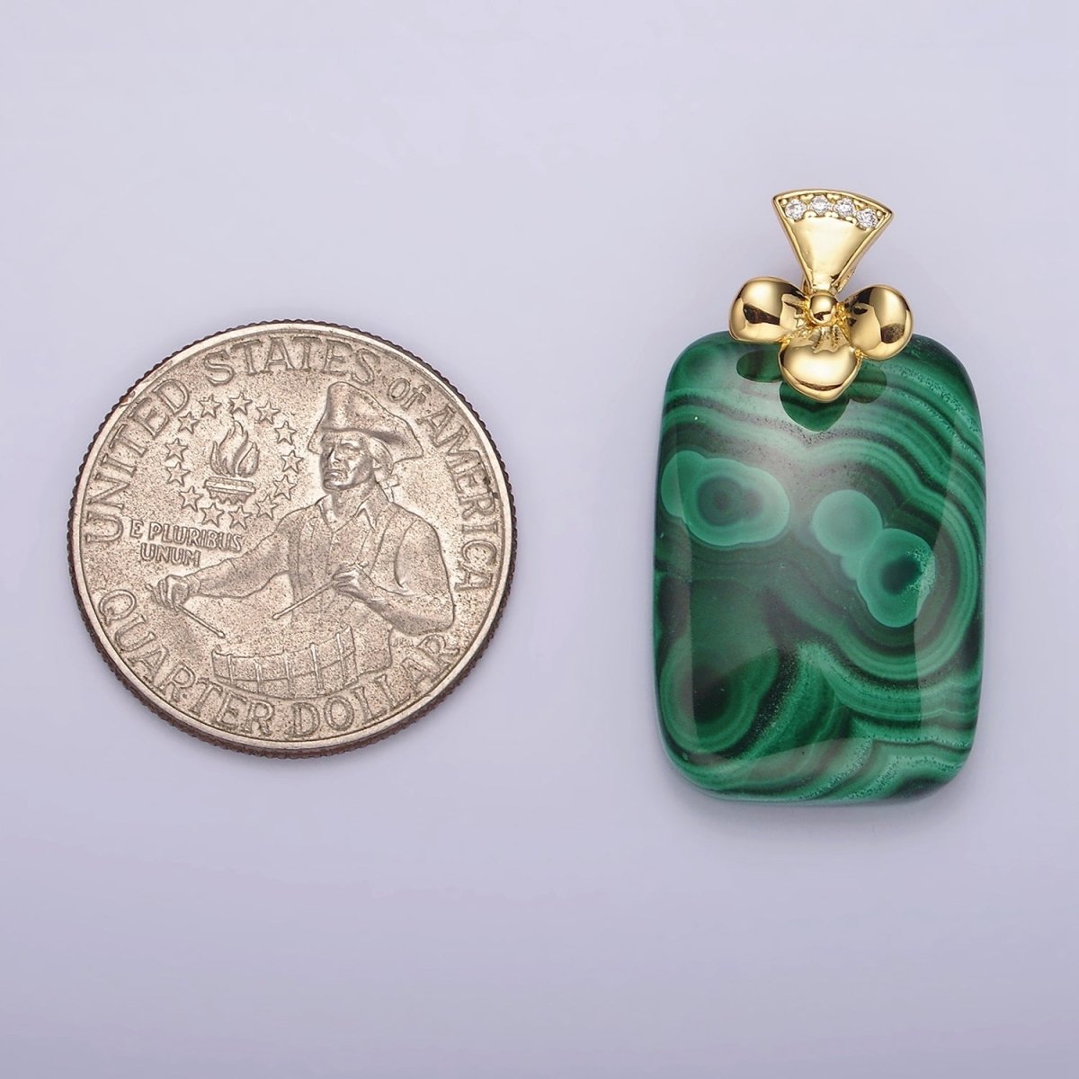 14K Gold Filled Malachite Rectangular Clear Micro Paved CZ Bow Bail Pendant | N1300