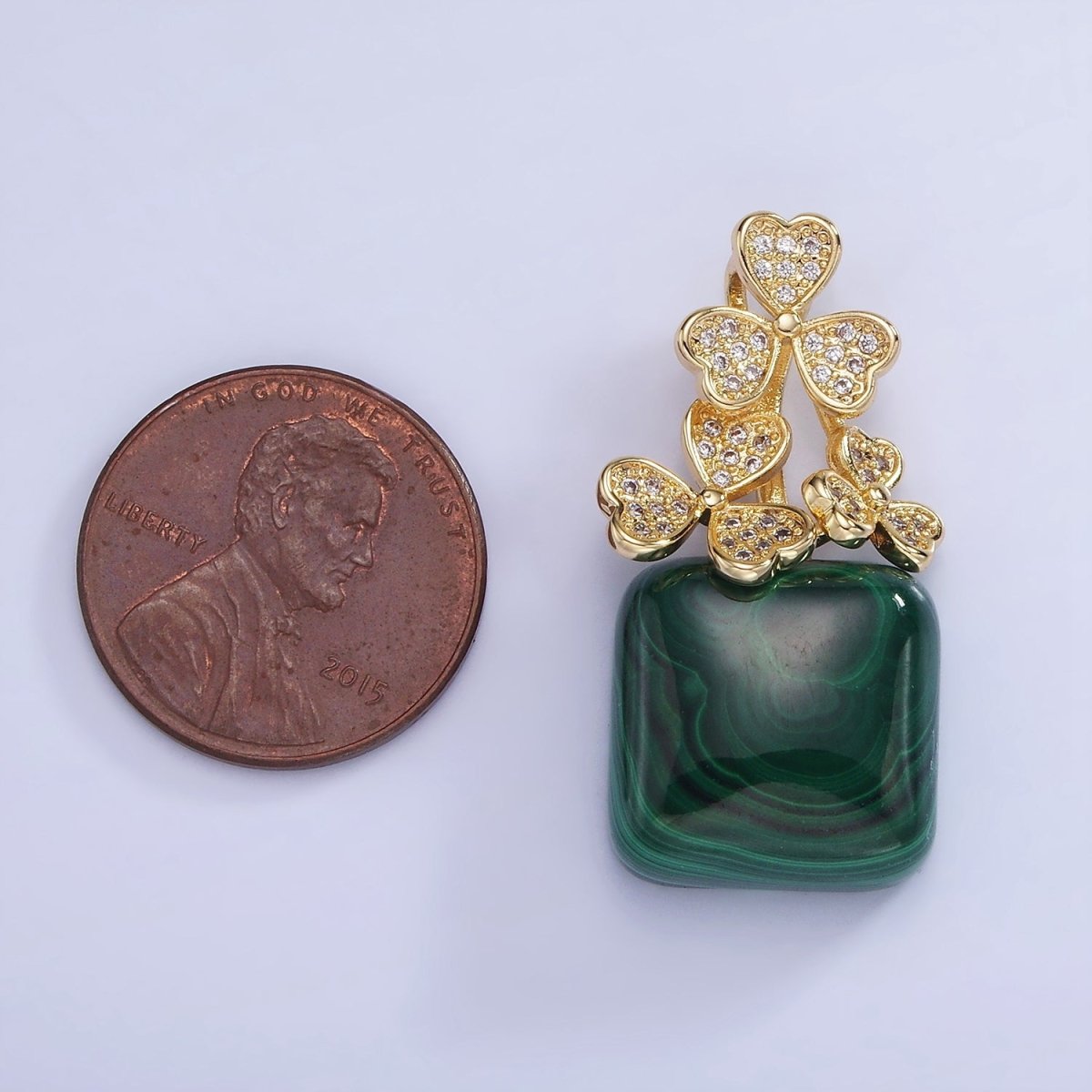 14K Gold Filled Malachite Square Micro Paved CZ Clover Bail Pendant | AA1198