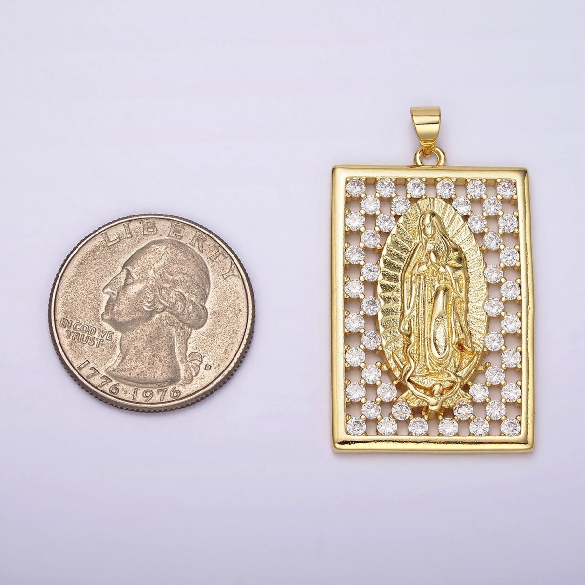 14K Gold Filled Mary Lady Guadalupe Religious Open Clear CZ Checkered Rectangular Tag Charm | N1944