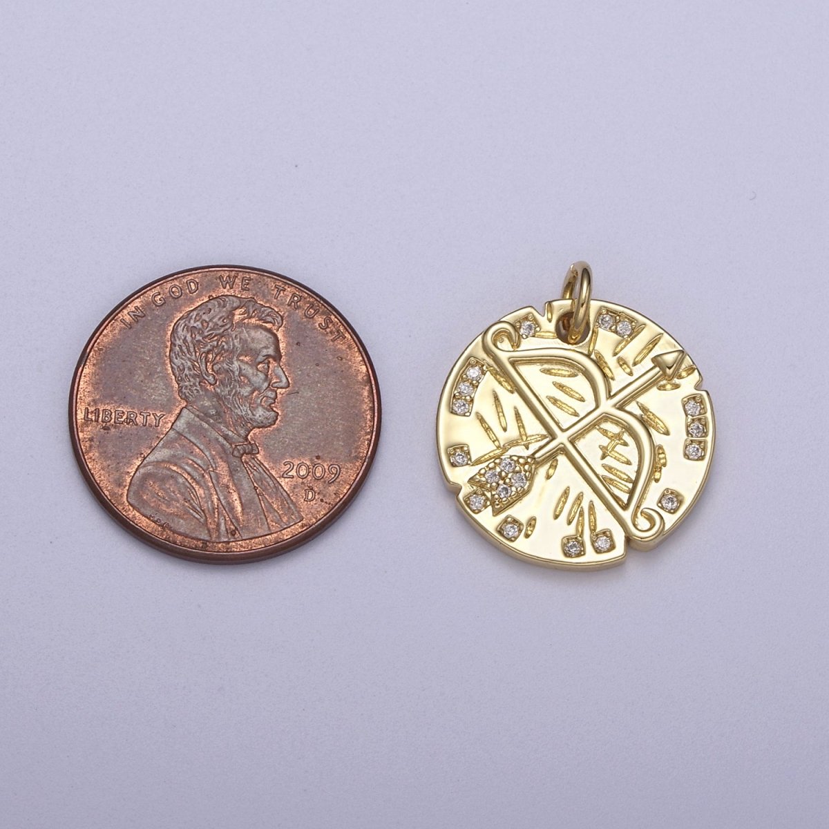 14K Gold Filled Micro Paved CZ Archery Arrow Rustic Coin Charm N-261