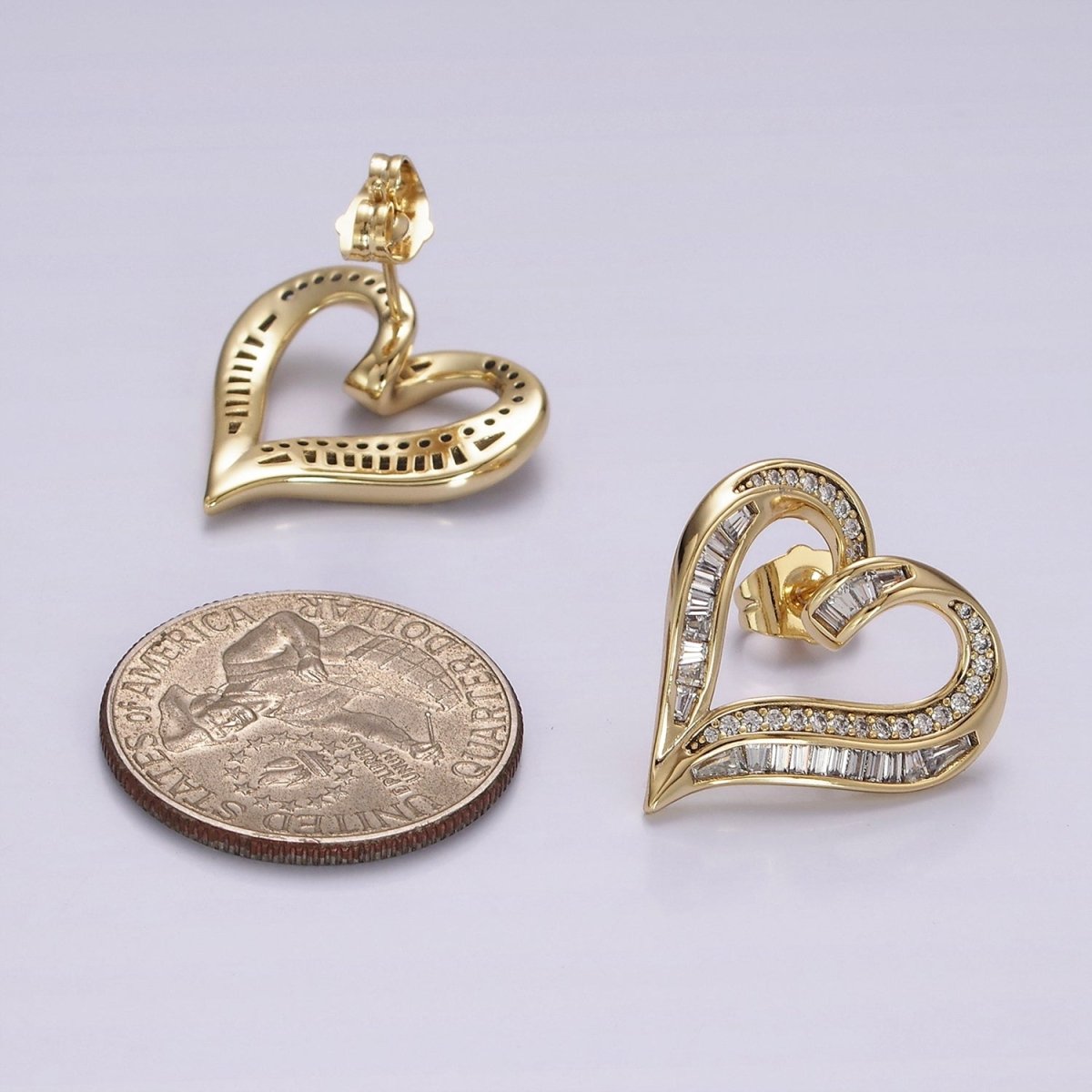 14K Gold Filled Micro Paved CZ Baguette Lined Open Heart Stud Earrings | AE400