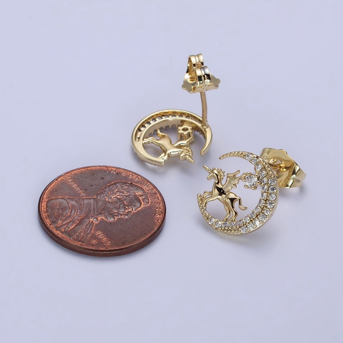 14K Gold Filled Micro Paved CZ Celestial Crescent Moon Pegasus Stud Earrings | AB327