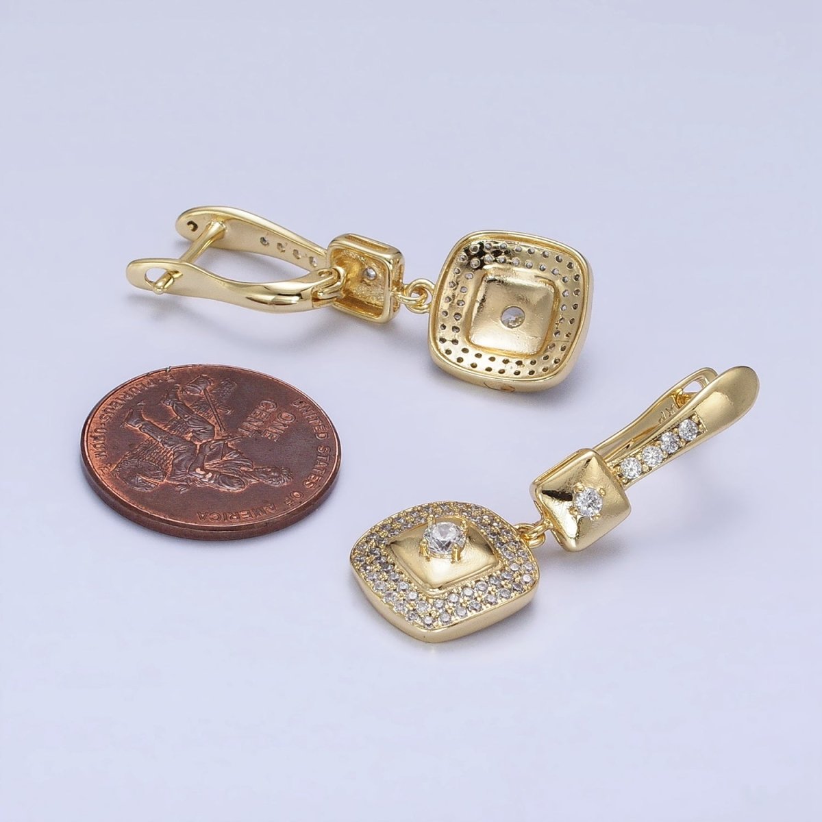 14K Gold Filled Micro Paved CZ Double Square Drop English Lock Earrings | AD1528