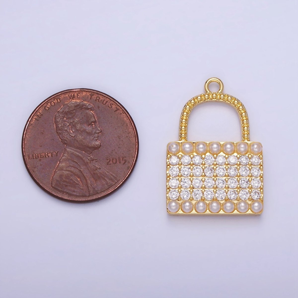 14K Gold Filled Micro Paved CZ Pearl Lined Padlock Charm in Gold & Silver | AG691