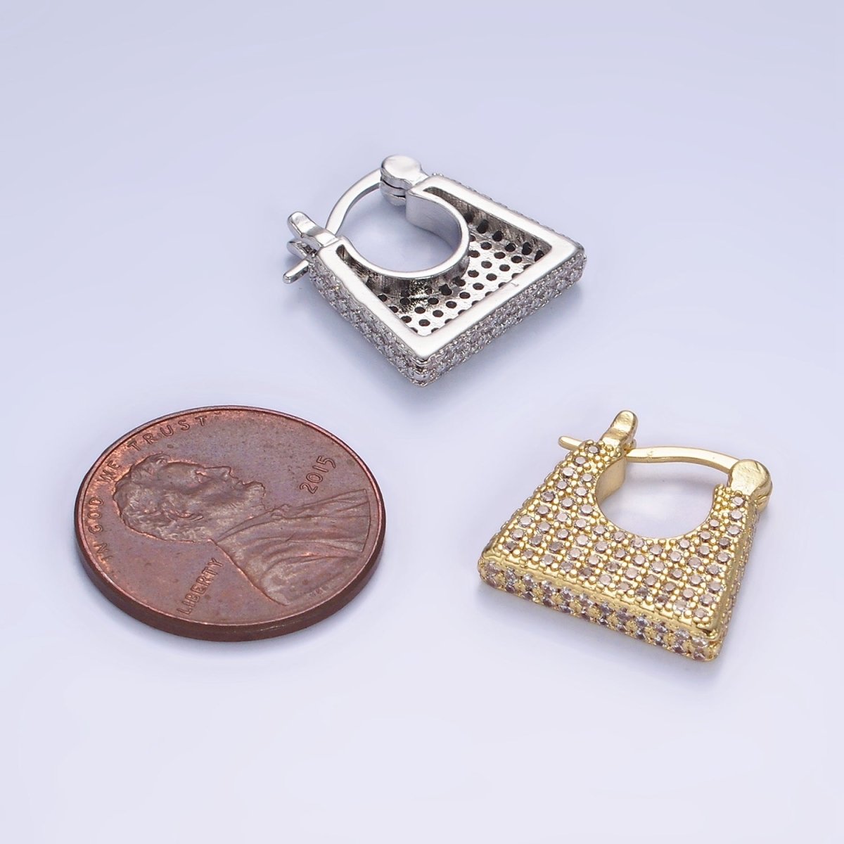 14K Gold Filled Micro Paved CZ Rectangular Latch Hoop Earrings in Gold & Silver | AB1140 AB1141