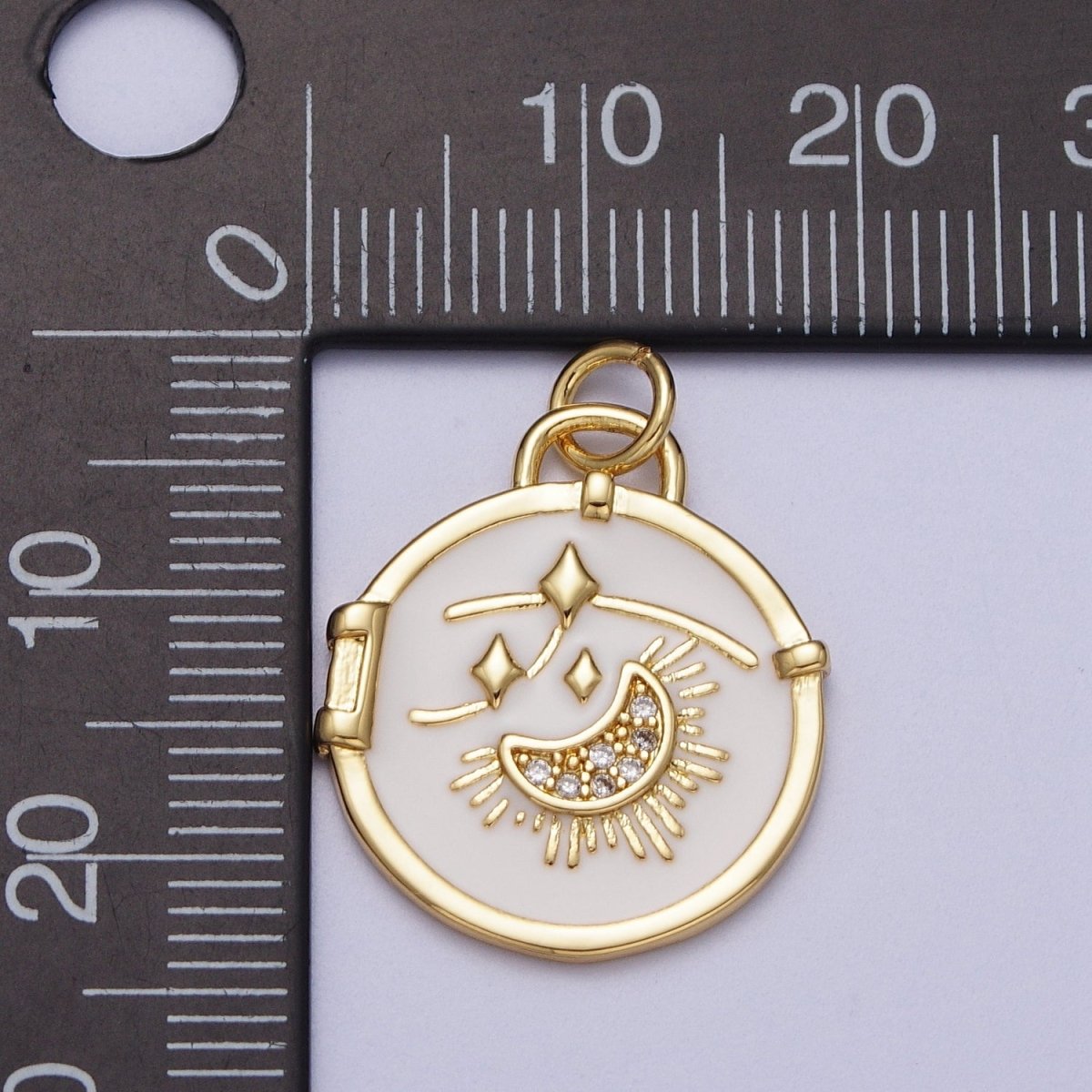 14K Gold Filled Micro Paved CZ Sun Crescent Moon Shooting Star White Enamel Celestial Charm E-696