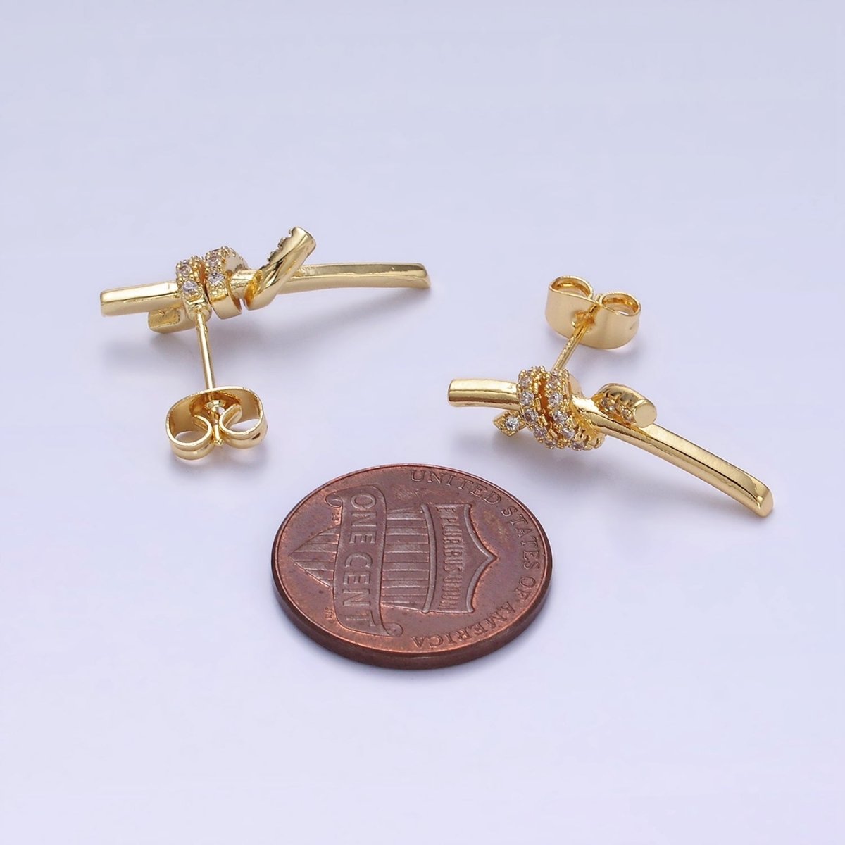 14K Gold Filled Micro Paved CZ Tied Bar Stud Earrings Knot Stud | AB1400