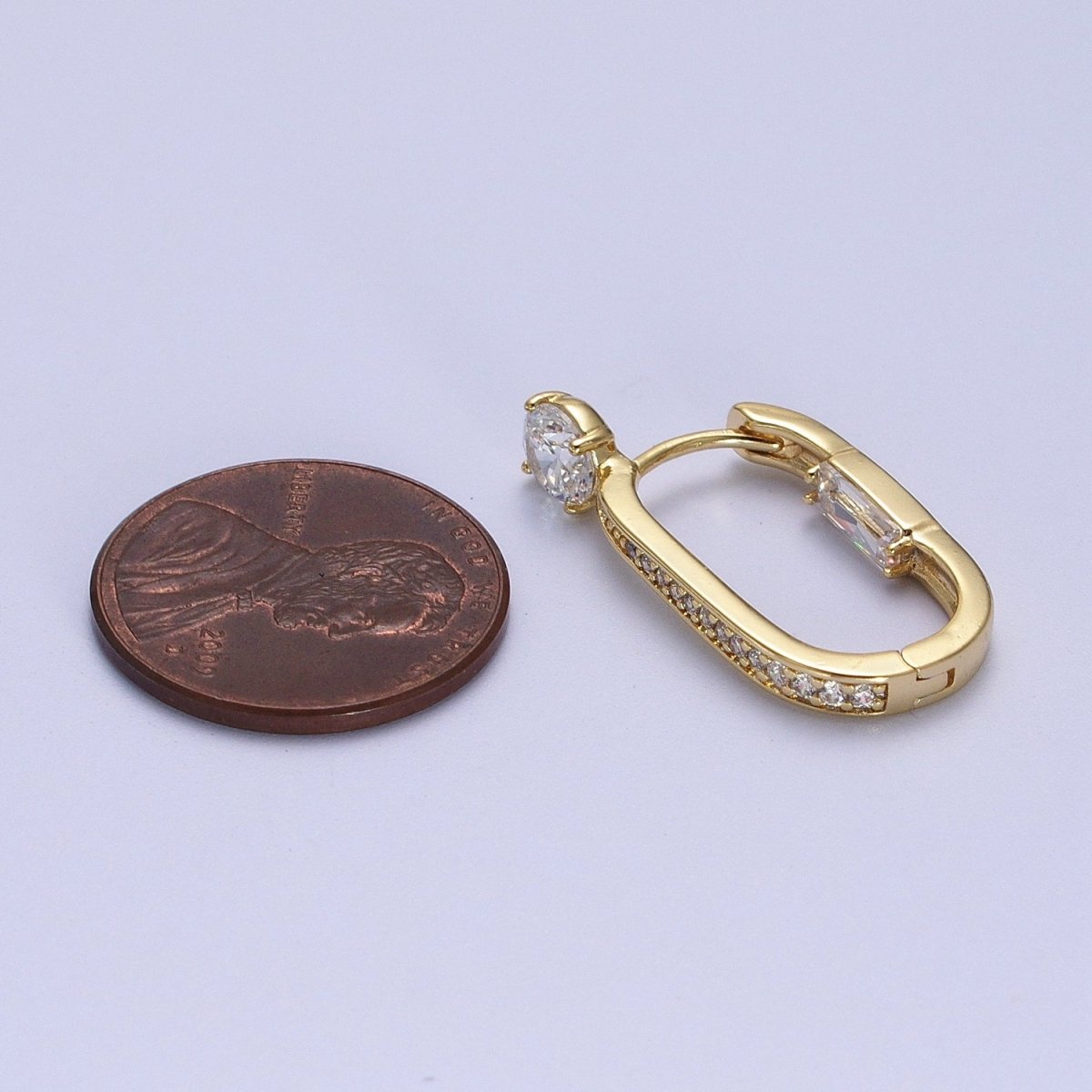 14K Gold Filled Micro Paved Round Baguette CZ Two Sided Oblong Huggie Earrings | V-021