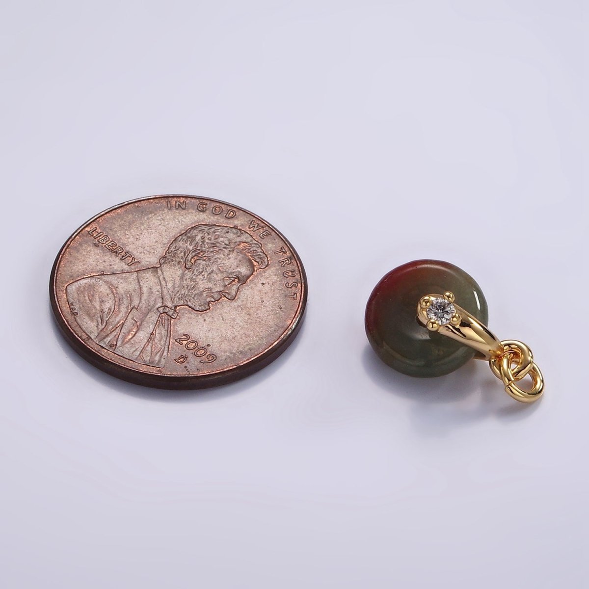 14K Gold Filled Mini Sunstone, Moss Agate, Red Aventurine, Crazy Lace Agate Round Donut CZ Charm | AC823 - AC826