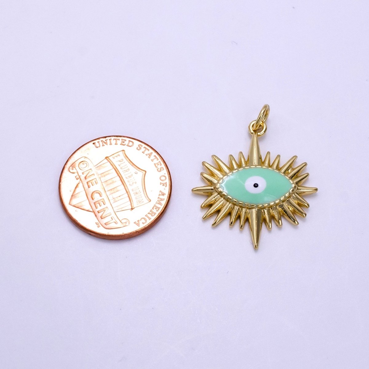 14K Gold Filled Mint Green Enamel Evil Eye Sunburst Charm | AG545