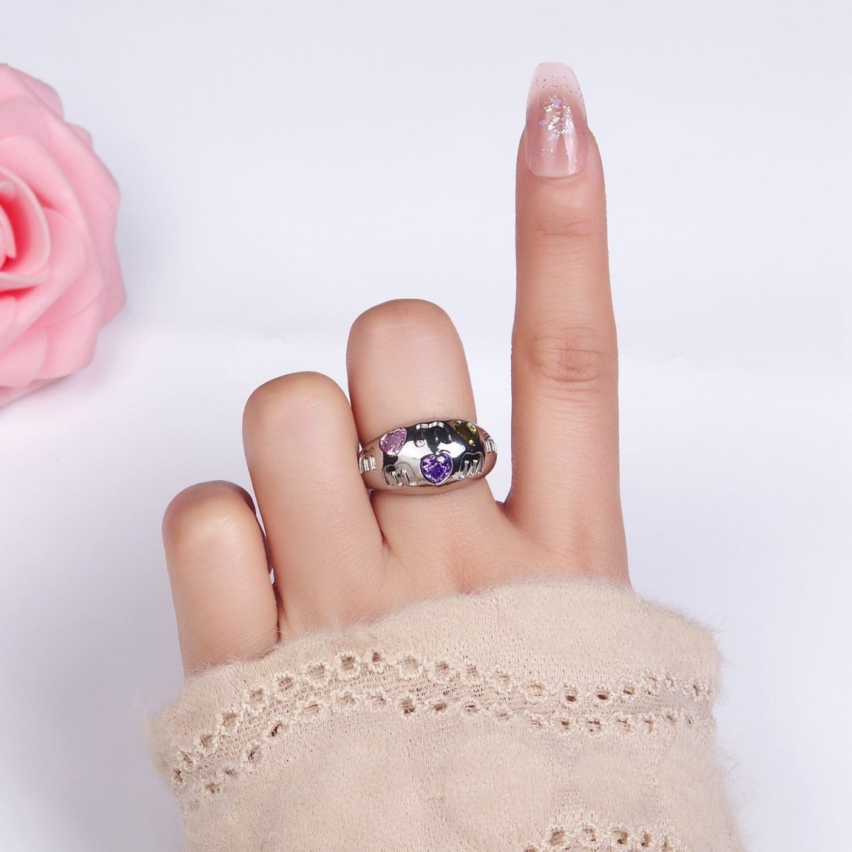14K Gold Filled "MOM" Script Multicolor CZ Heart Chubby Signet Ring in Gold & Silver | O1337 O1338