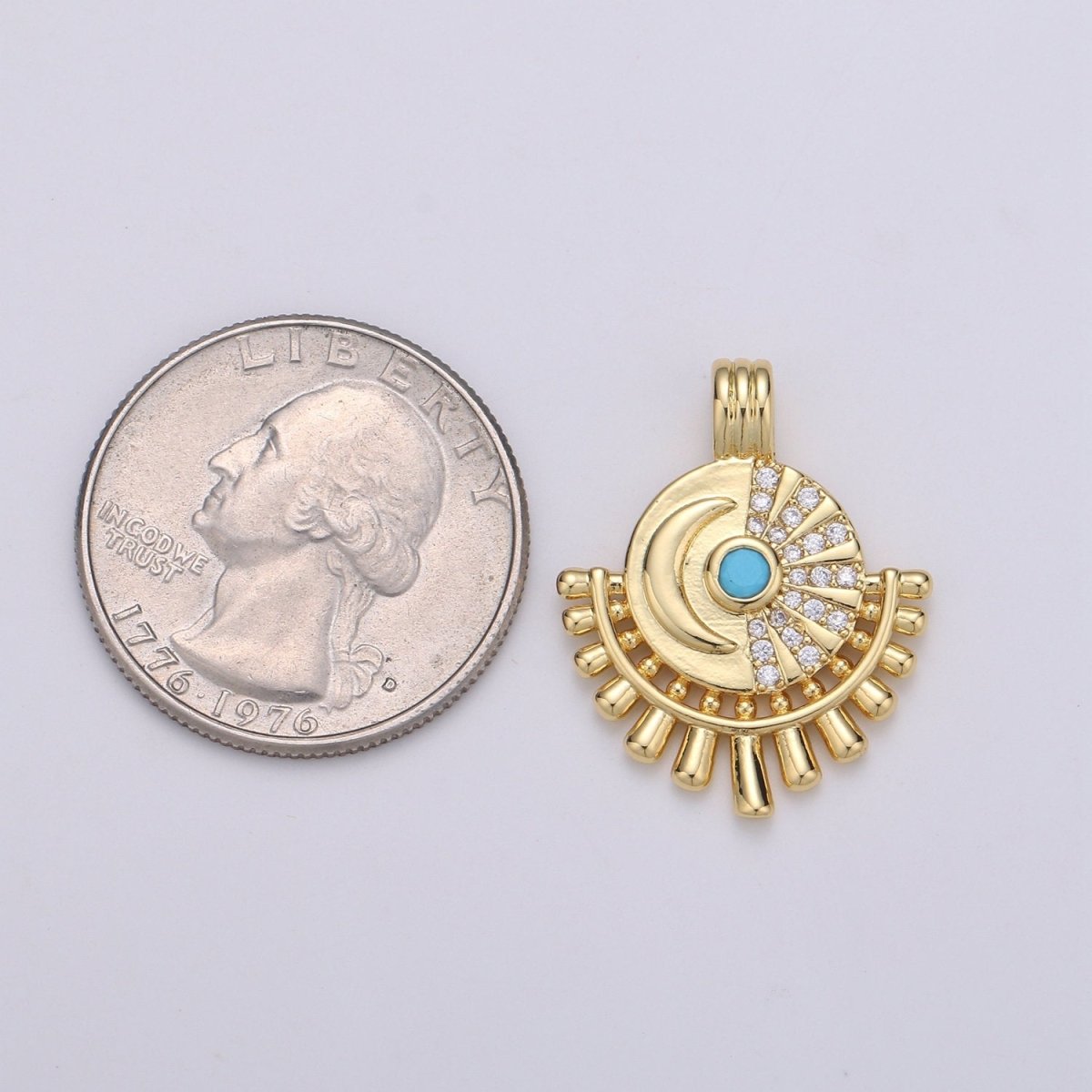 14K Gold Filled Moon Charm - Celestial Pendant Necklace - Crescent Turquoise Moon Medallion Layering Necklace - Lunar Jewelry Supply J-054