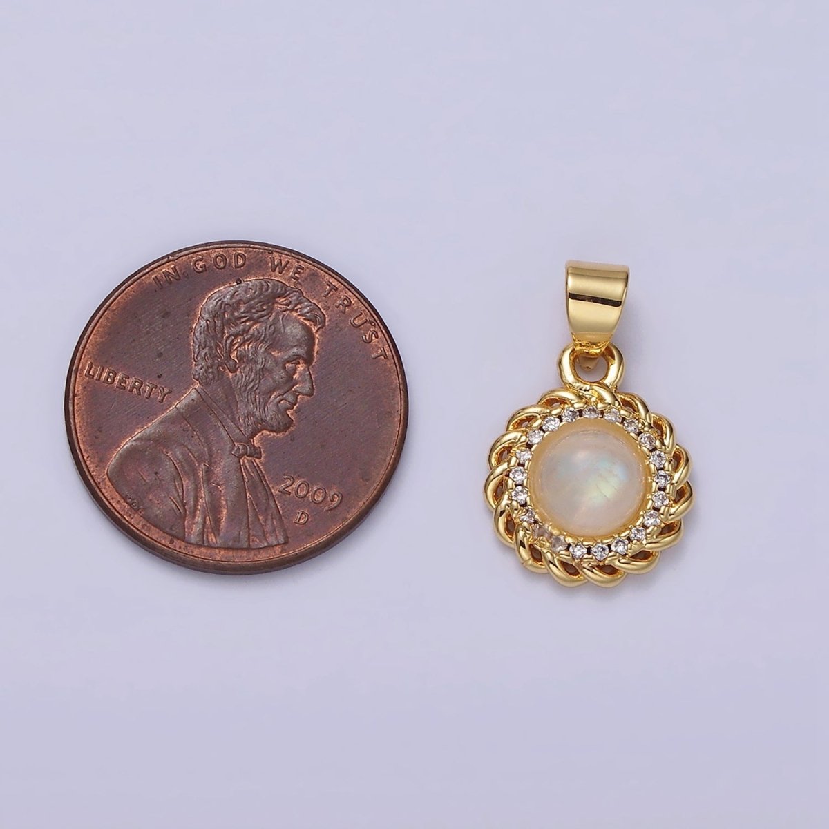 14K Gold Filled Moonstone Clear Micro Paved Rounded Bar Curb Lined Pendant | AA678