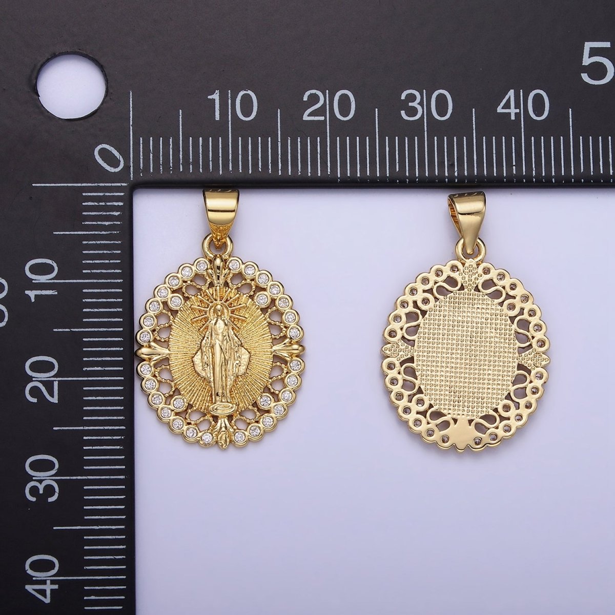 14K Gold Filled Mother Mary CZ Round Dotted Open Oval Pendant | AA1129