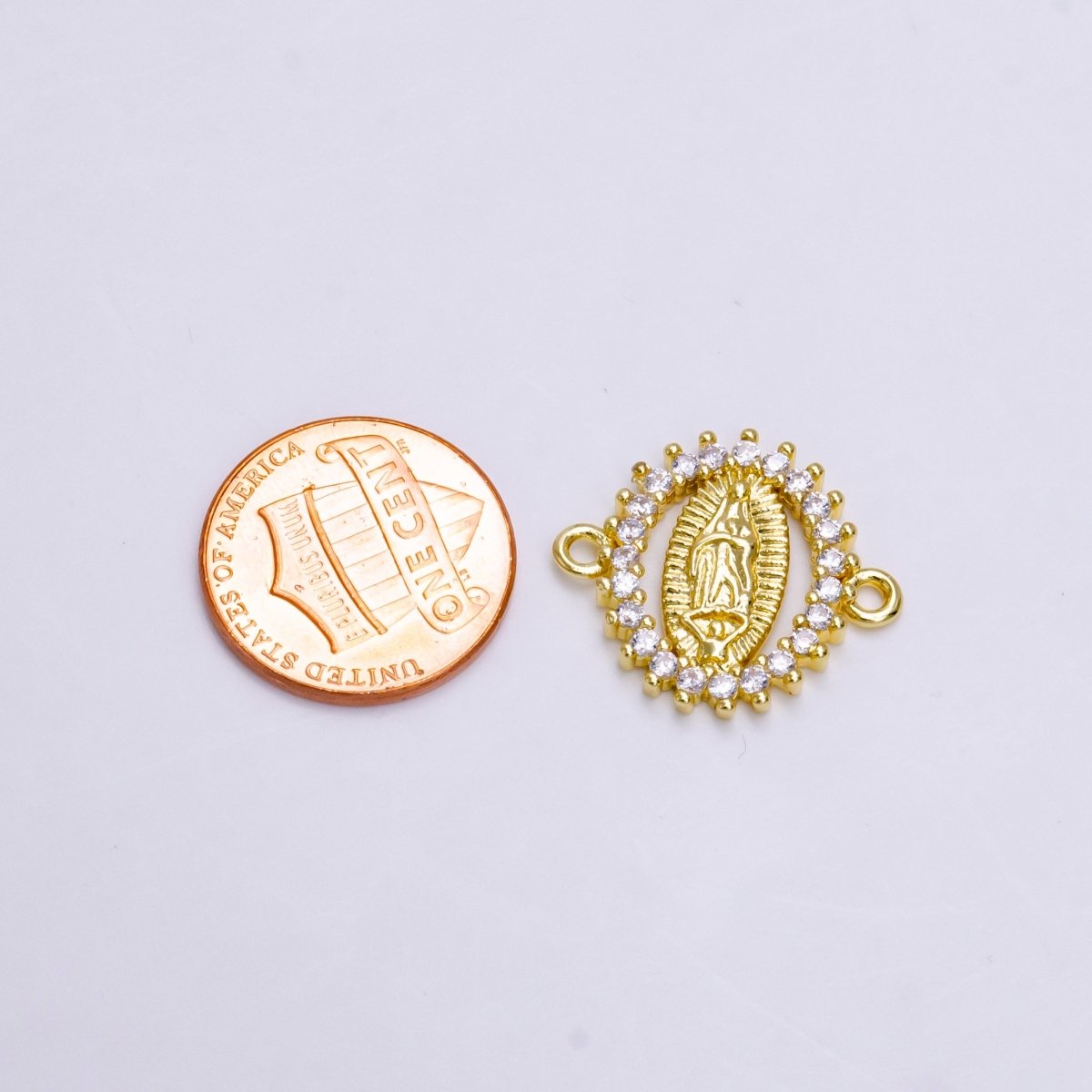 14K Gold Filled Mother Mary Guadalupe Oval CZ Lined Open Connector | G-155