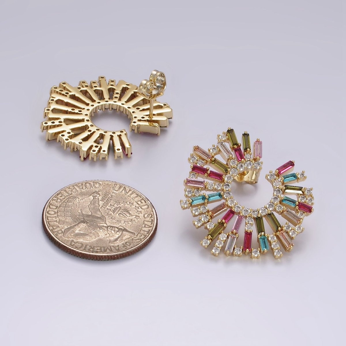 14K Gold Filled Multicolor CZ Baguette Micro Paved Circular Stud Earrings Set | AE405