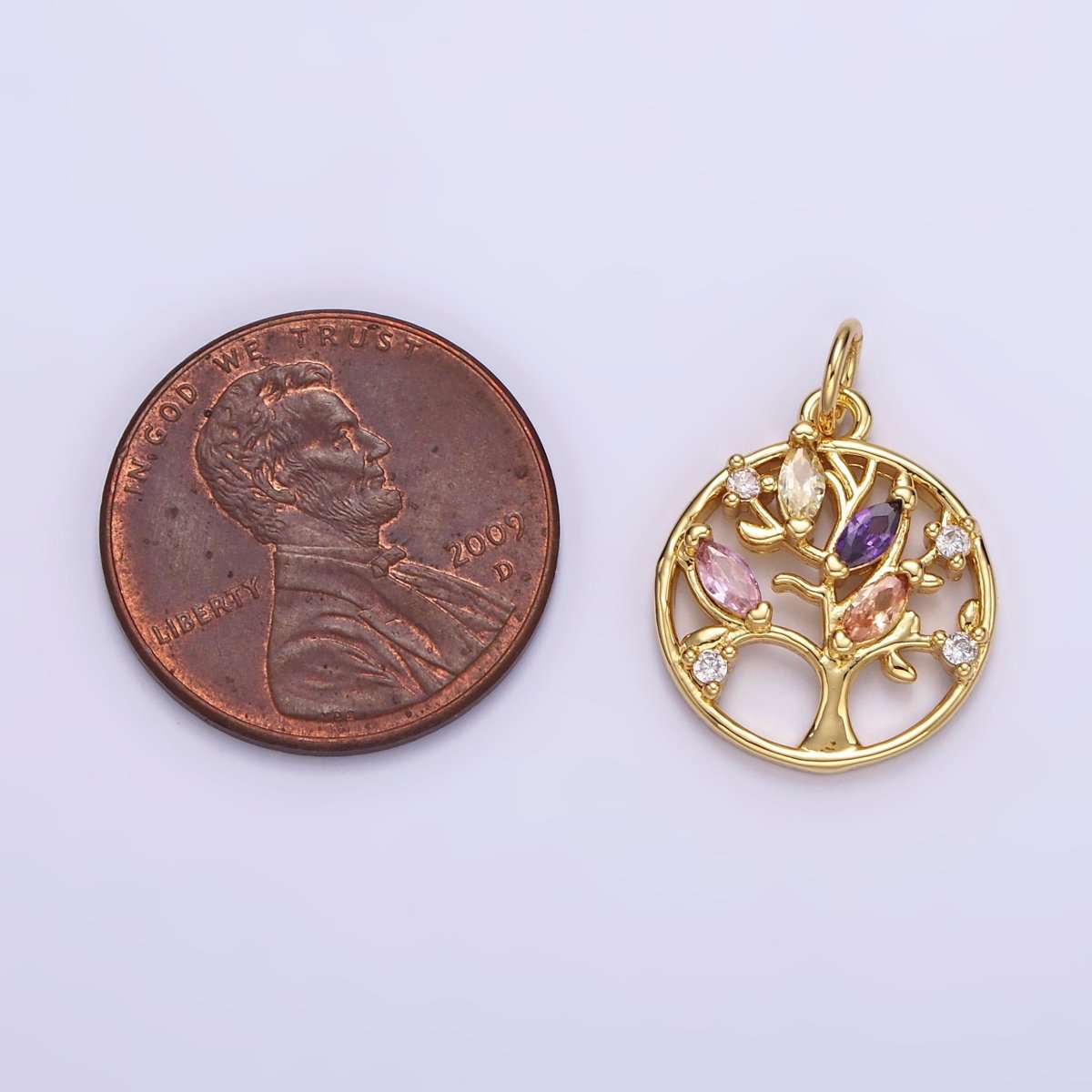 14K Gold Filled Multicolor Marquise CZ Leaf Tree Open Round Charm in Gold & Silver | N1500 N1501