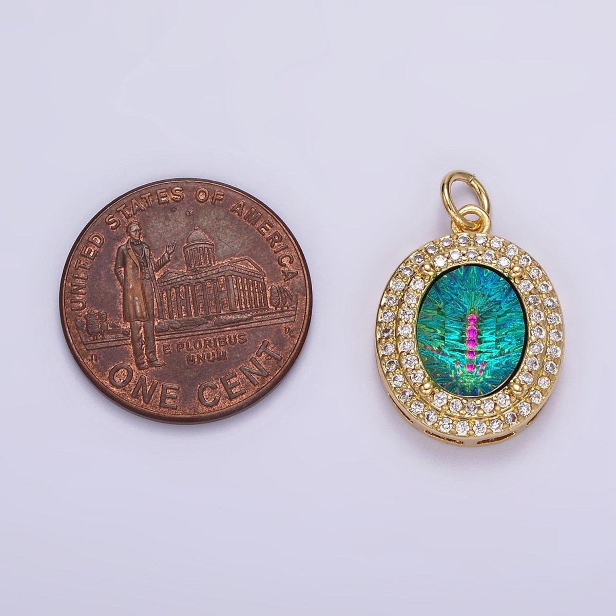 14K Gold Filled Multicolor, Purple, Yellow, Blue Iridescent Thermal CZ Micro Paved Oval Charm | AG070 - AG073