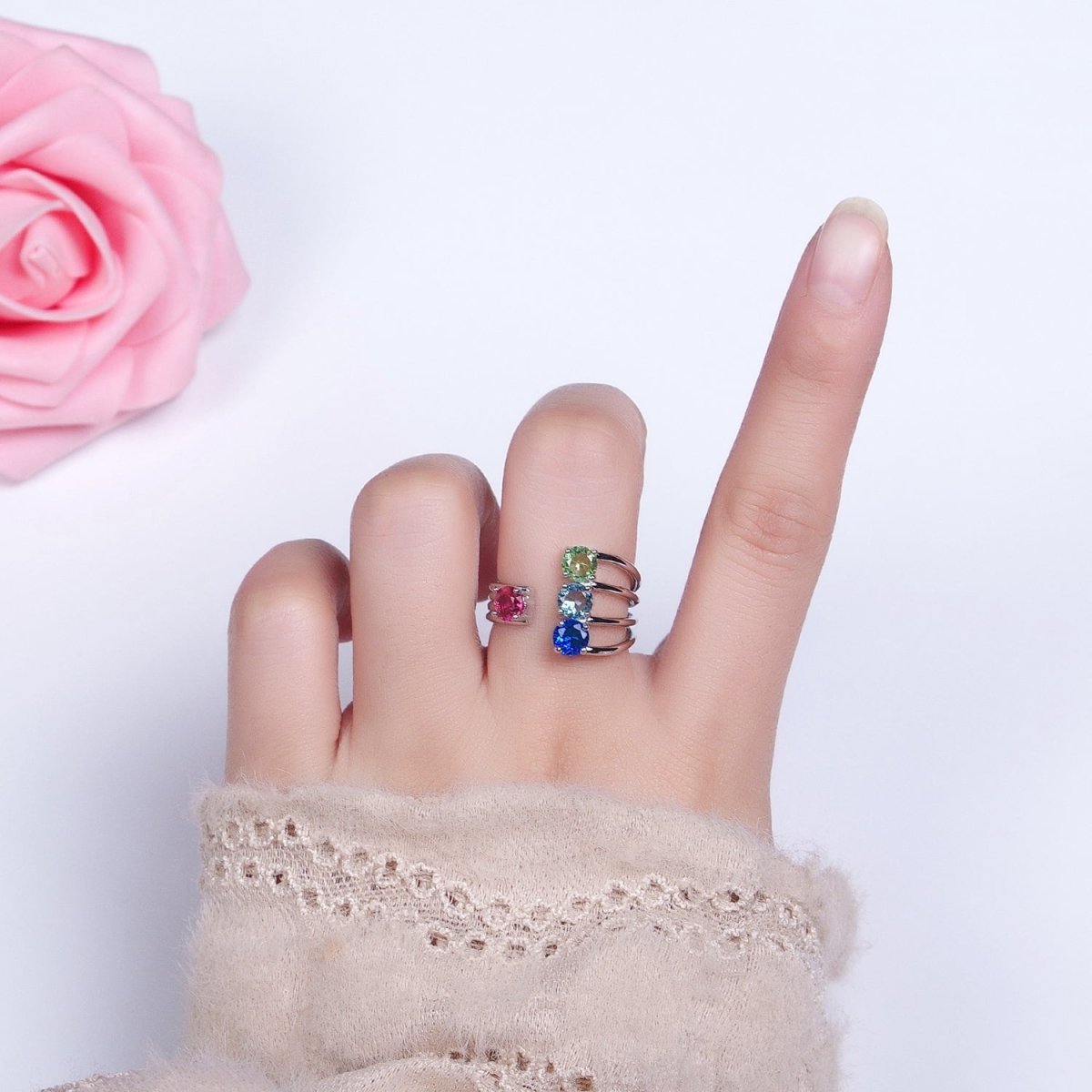 14K Gold Filled Multicolor Round CZ Multiple Band Statement Ring in Gold & Silver | O-1952 O-1953