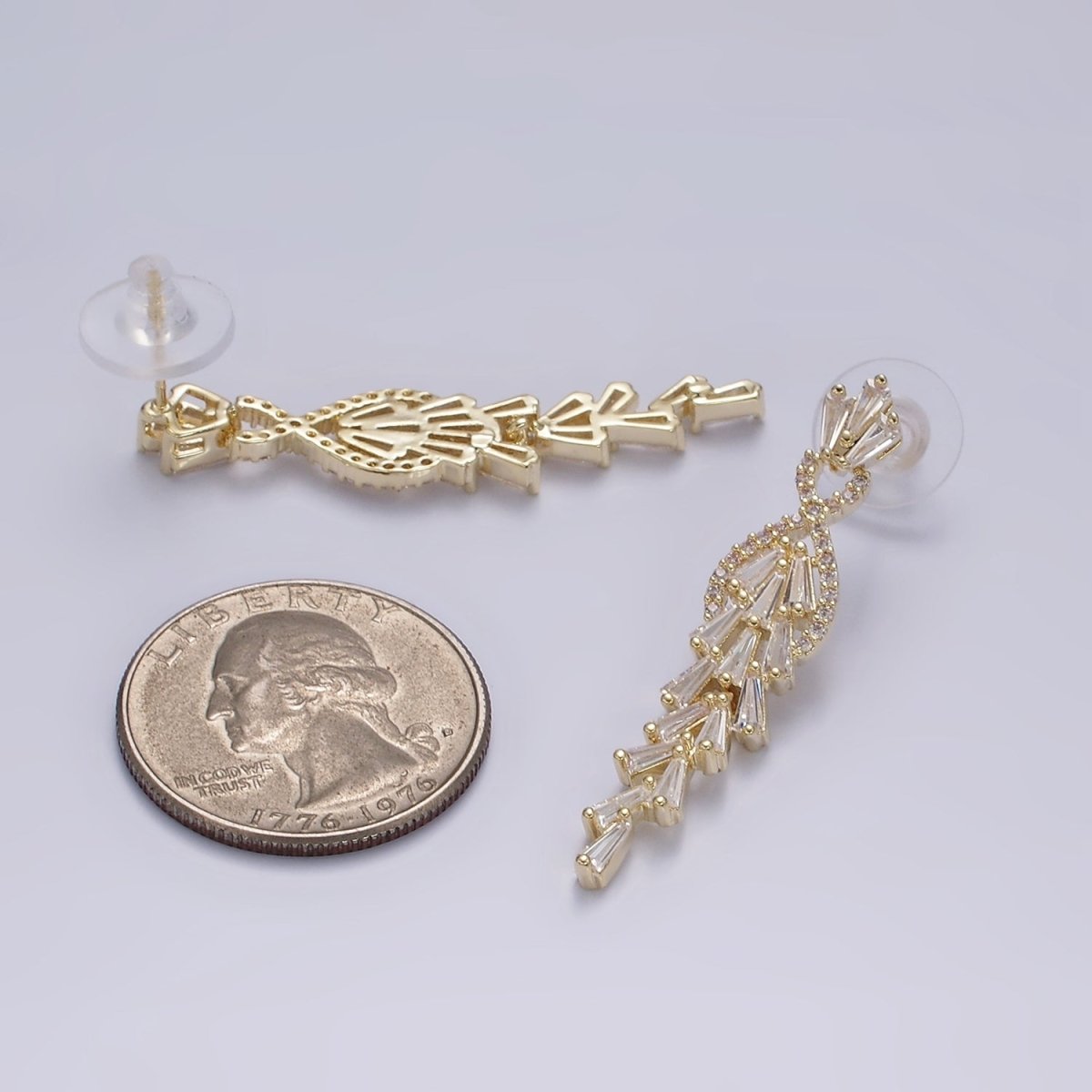 14K Gold Filled Multiple Baguette Micro Paved CZ Drop Stud Earrings in Gold & Silver | AE305